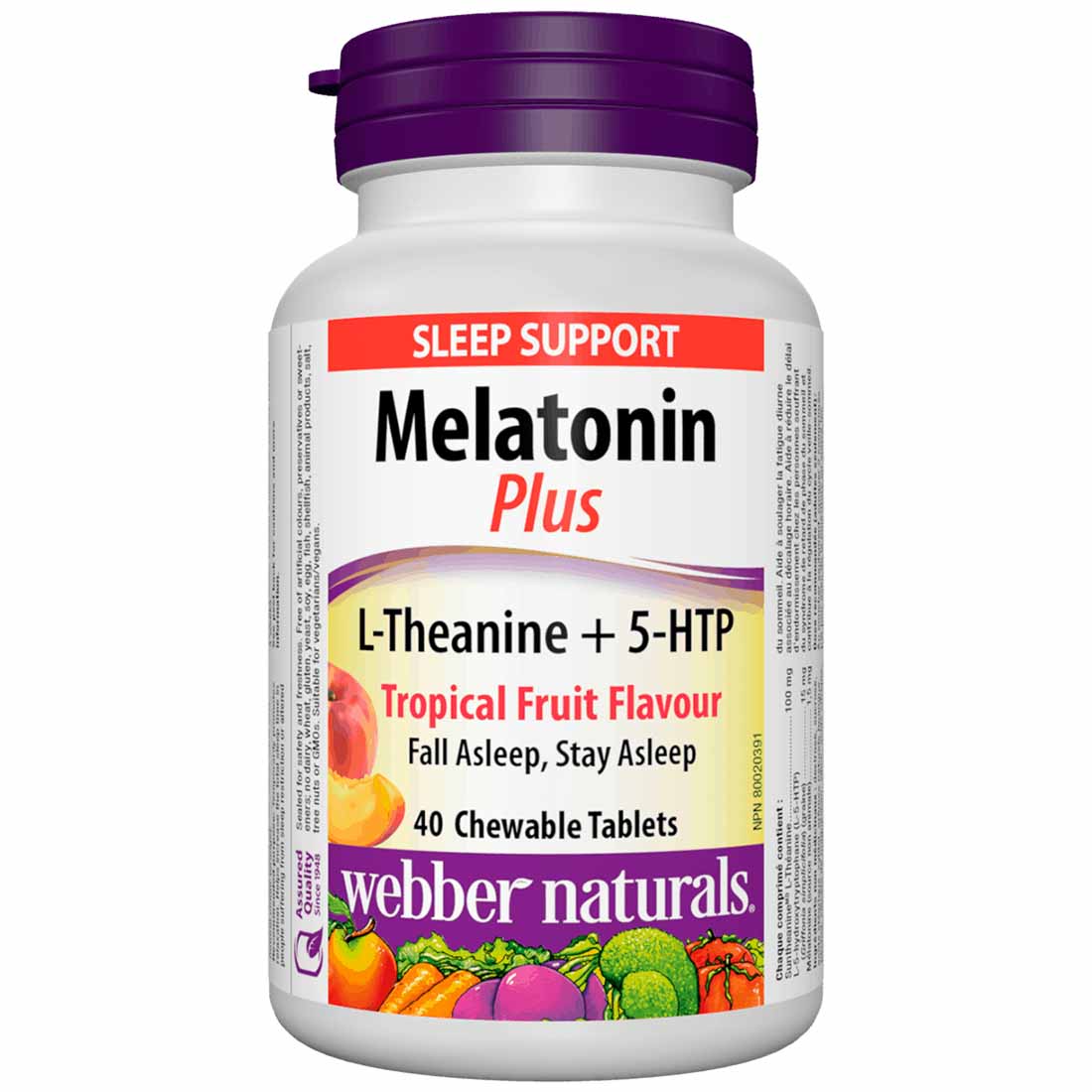 Webber Naturals Melatonin 1.5mg Plus L Theanine and 5 HTP Tropical Fruit 40 Chewable Tablets