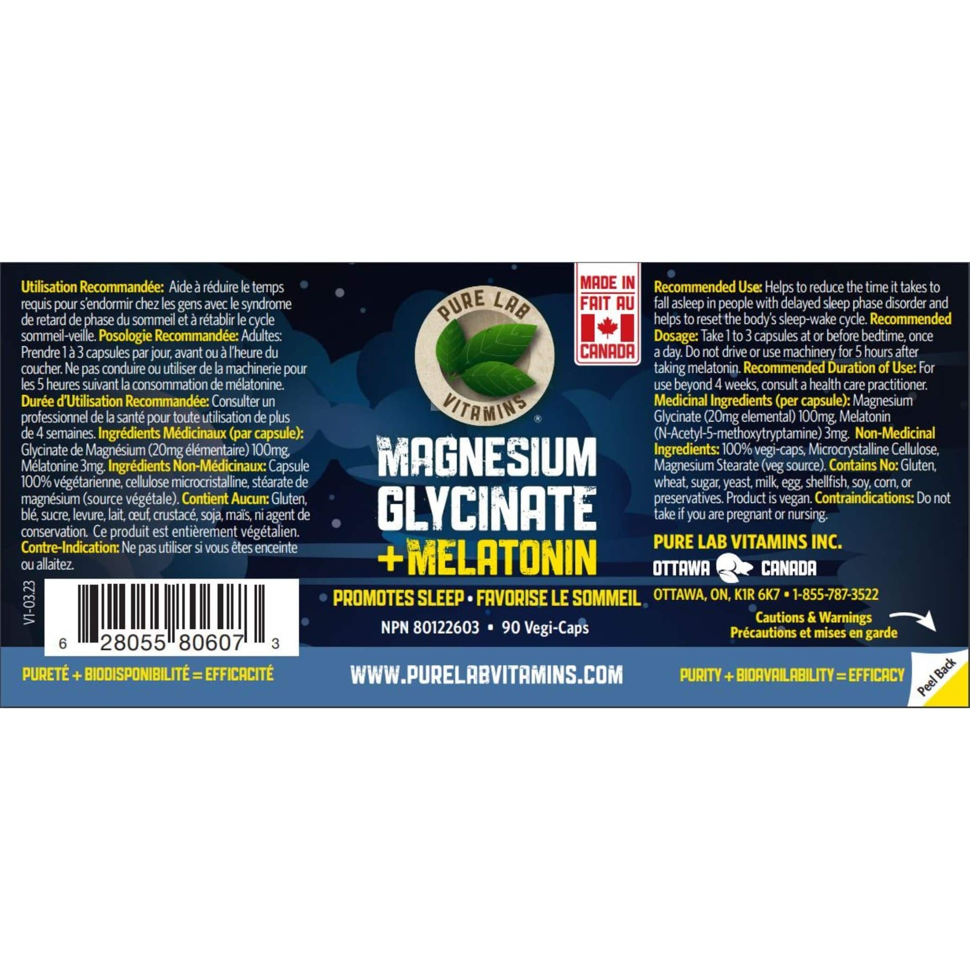 90 Vegetable Capsules | Pure Lab Vitamins Magnesium Glycinate + Melatonin