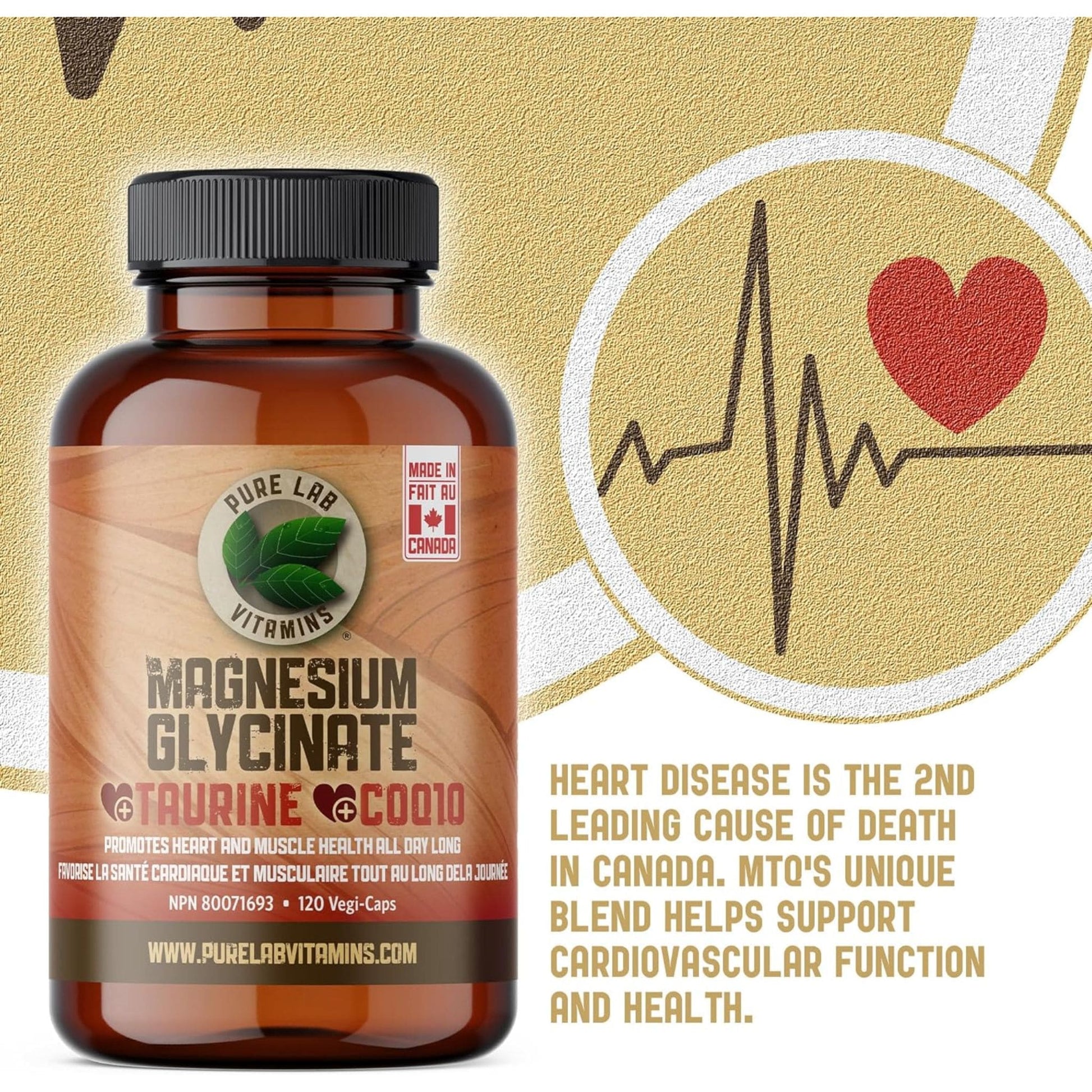 120 Vegetable Capsules | Pure Lab Vitamins Magnesium Glycinate + Taurine + COQ10 Infographic