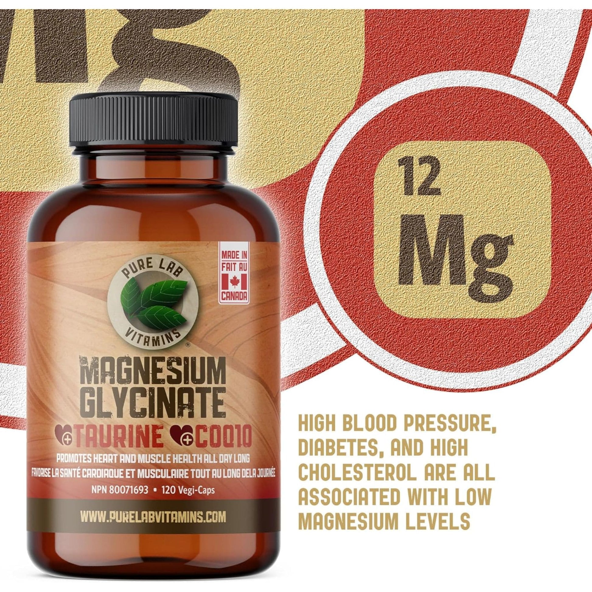 120 Vegetable Capsules | Pure Lab Vitamins Magnesium Glycinate + Taurine + COQ10 Infographic