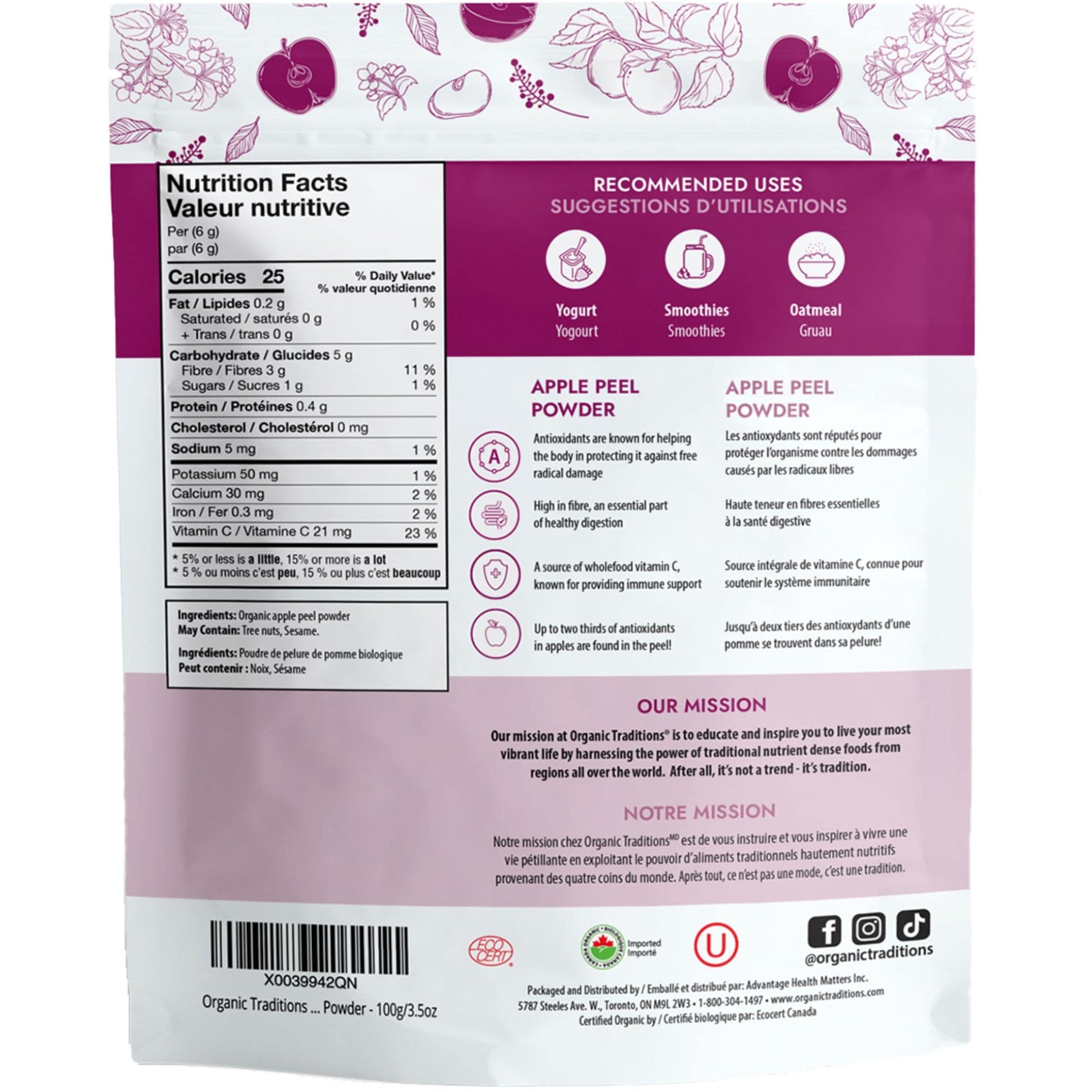 100g | Organic Traditions Apple Peel Powder 3.5oz // Nutrition Label