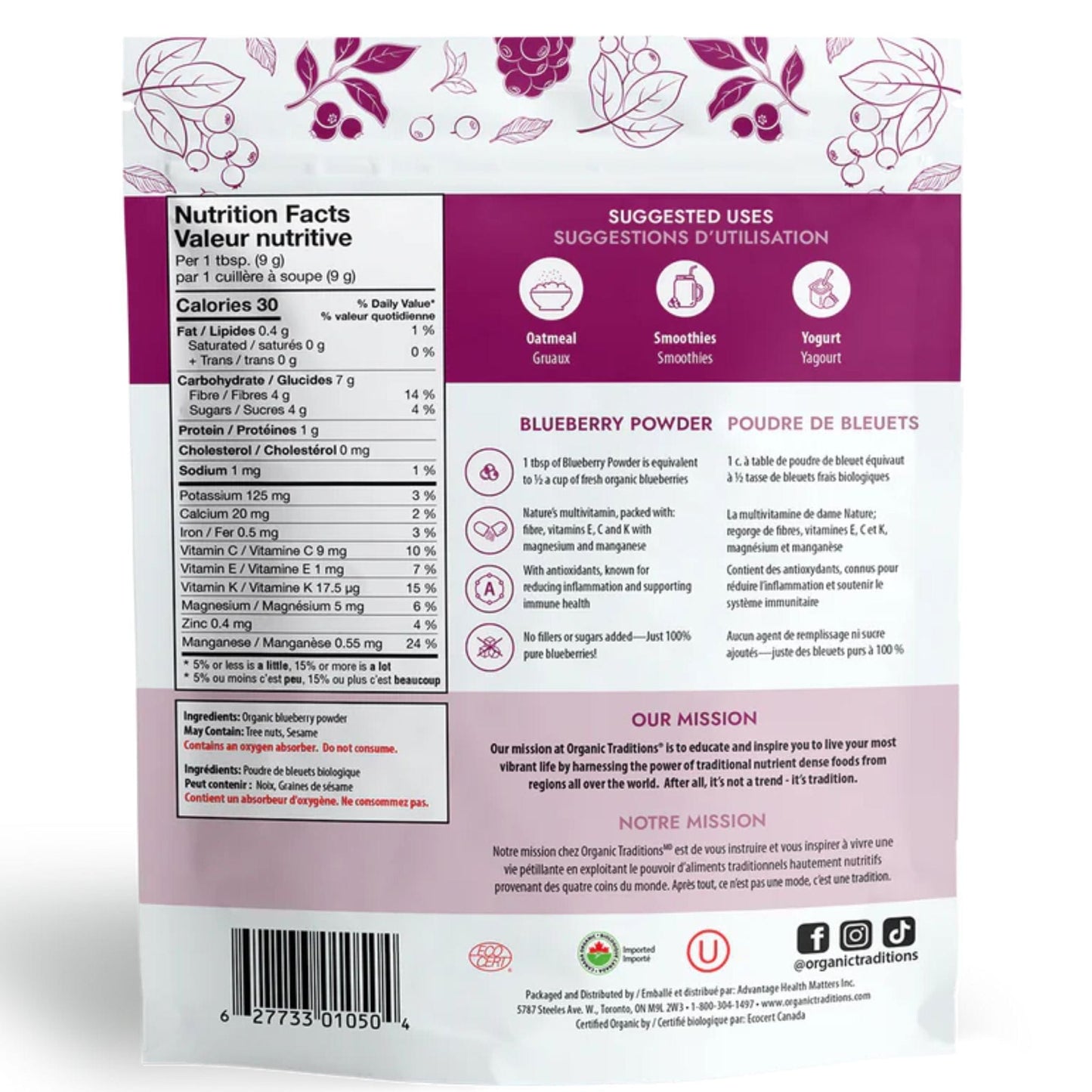 100g | Organic Traditions Blueberry Powder 3.5 oz // Back