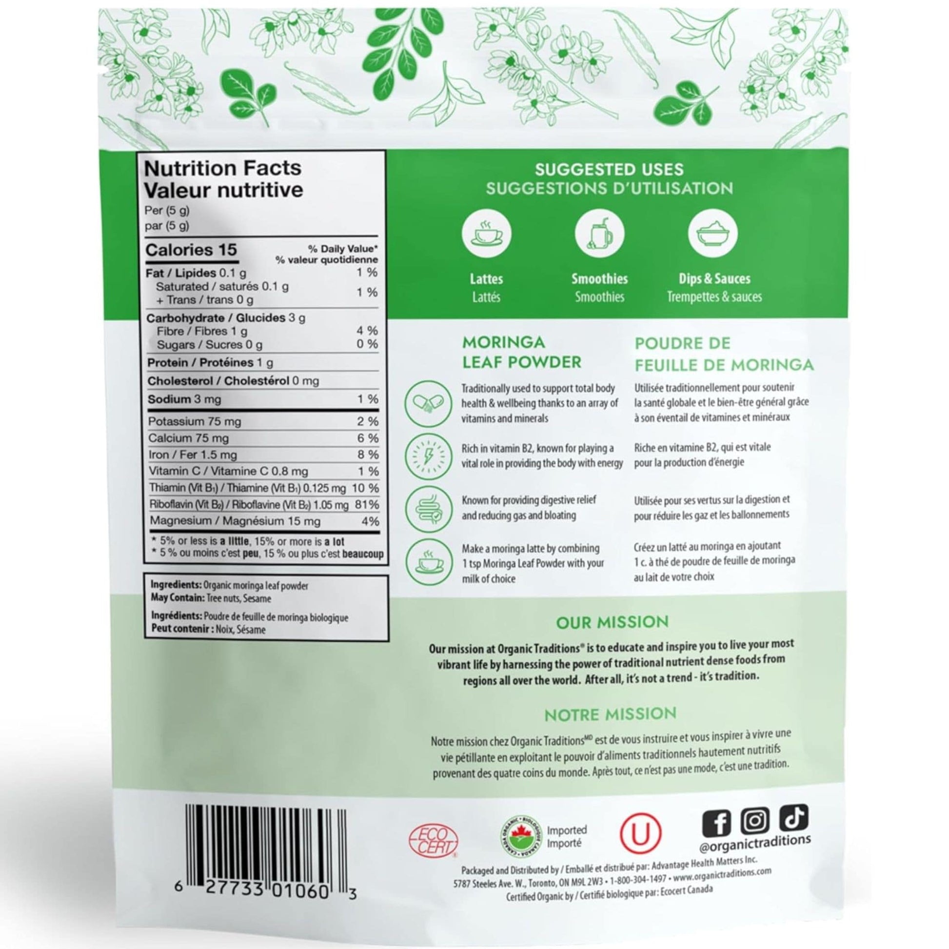 200g | Organic Traditions Moringa Leaf Powder 7oz // Nutrition Label