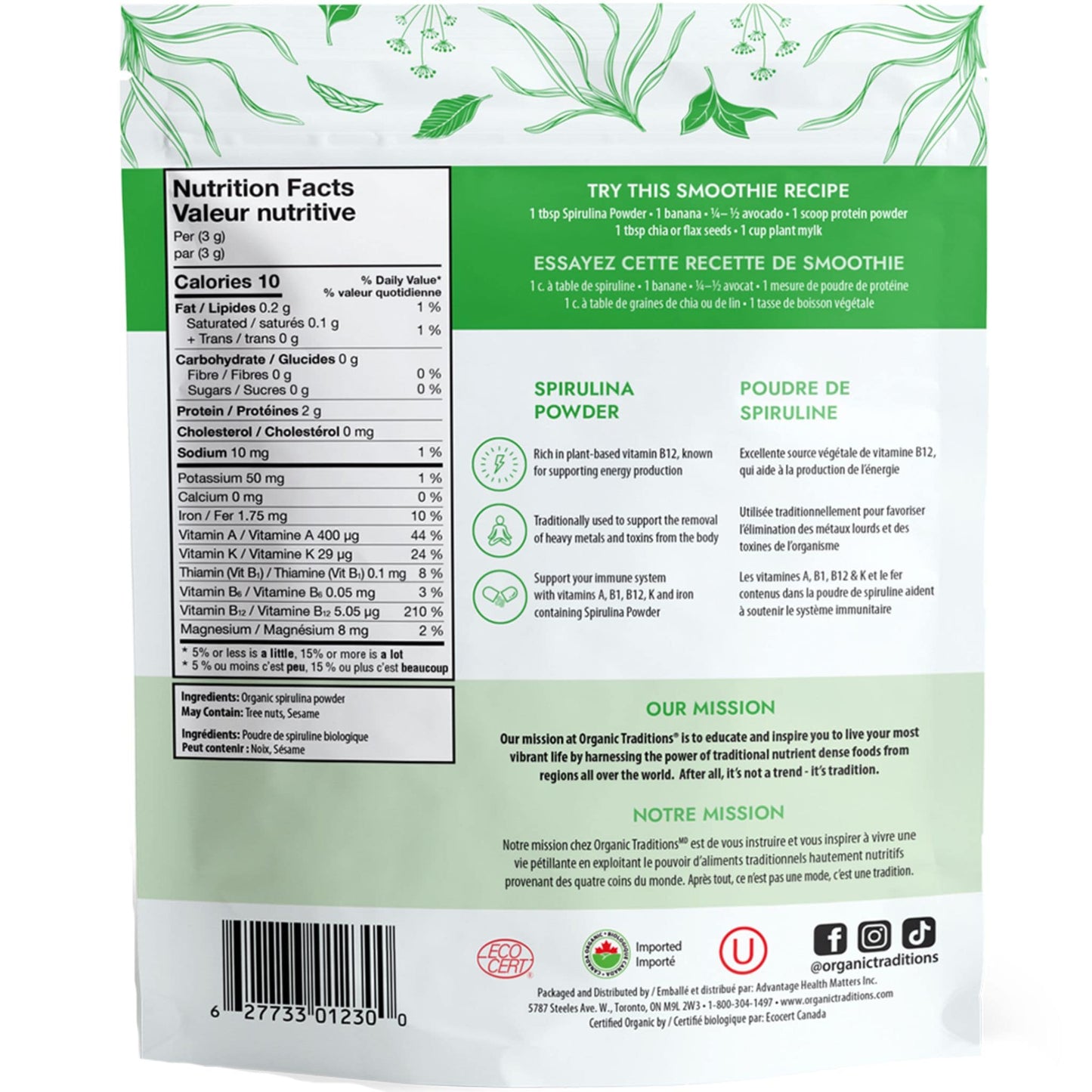 150g | Organic Traditions Spirulina Powder 5.3oz // Nutrition Label