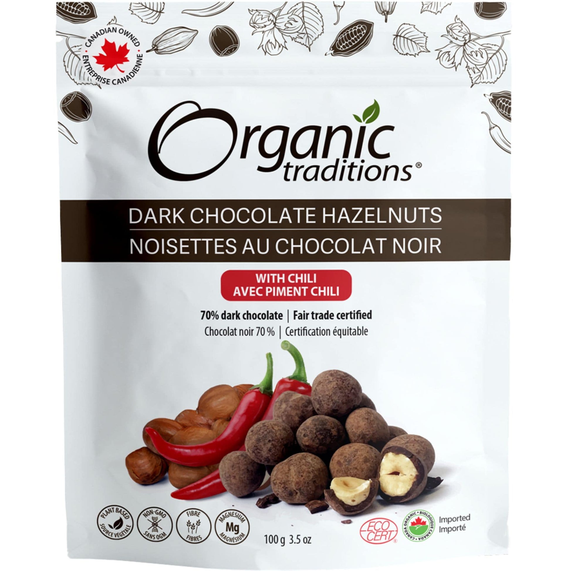 100g | Organic Traditions Dark Chocolate Hazelnuts With Chili 3.5oz