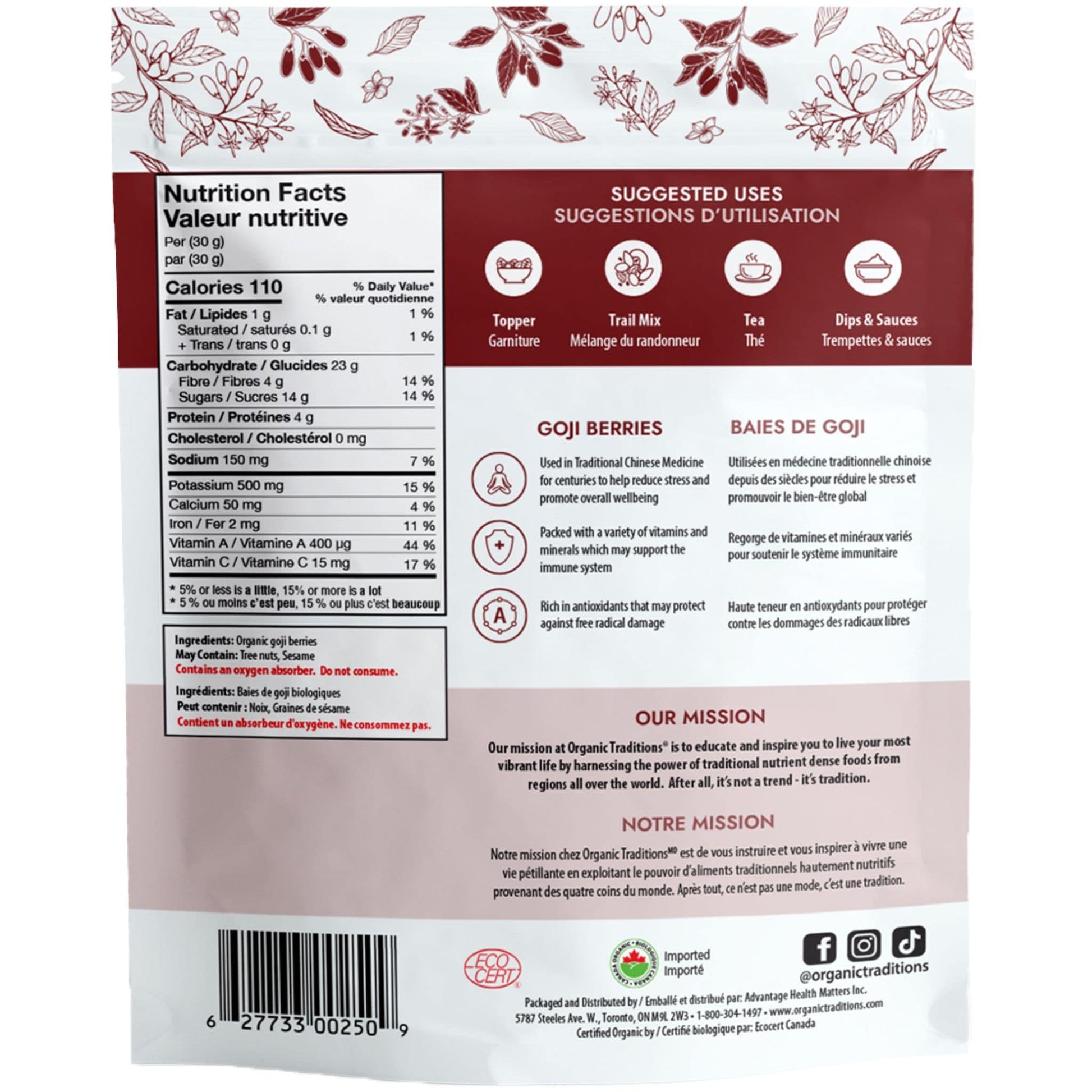 454g | Organic Traditions Goji Berries 16oz // Nutrition Label