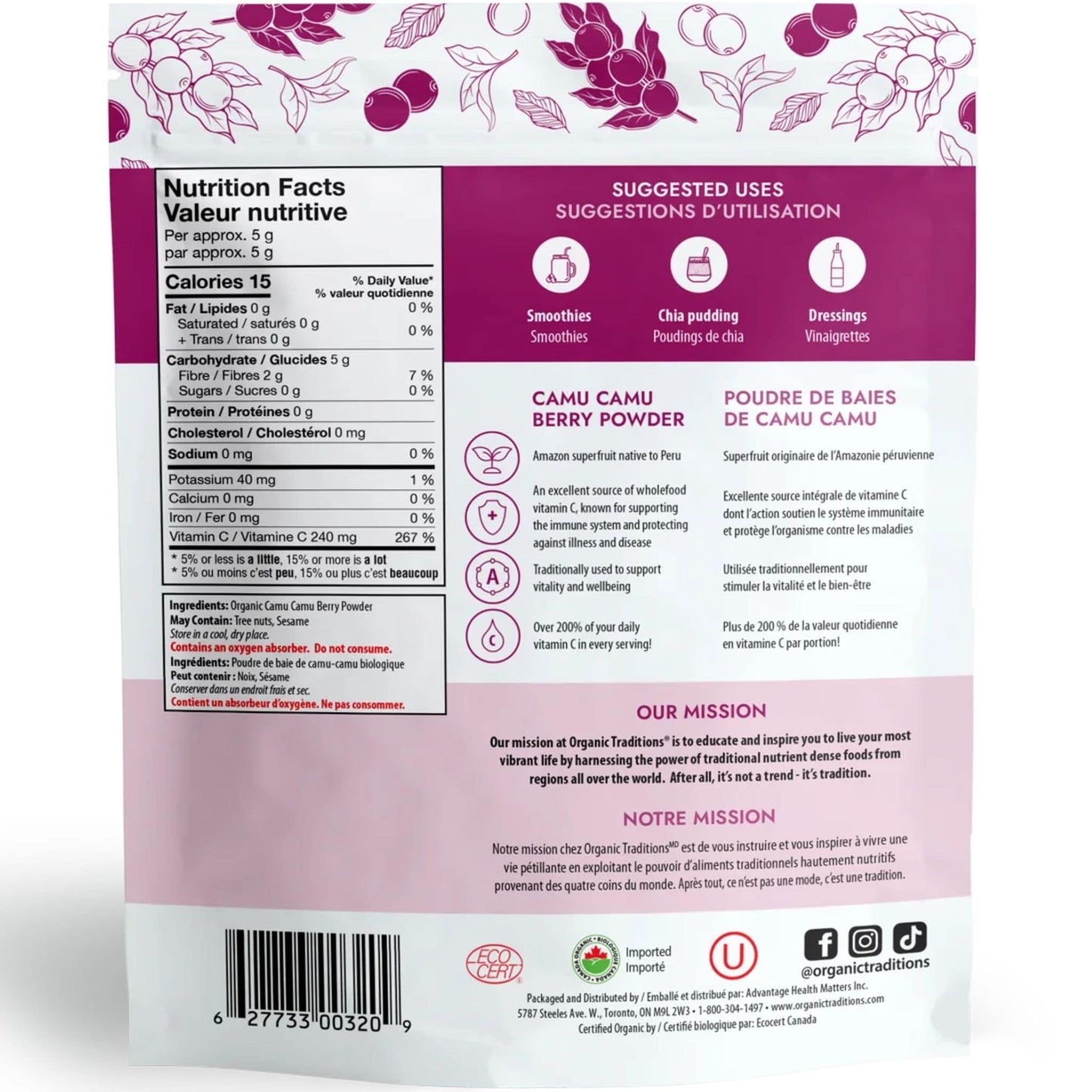 100g | Organic Traditions Camu Camu Berry Powder 3.5oz // Nutrition Label