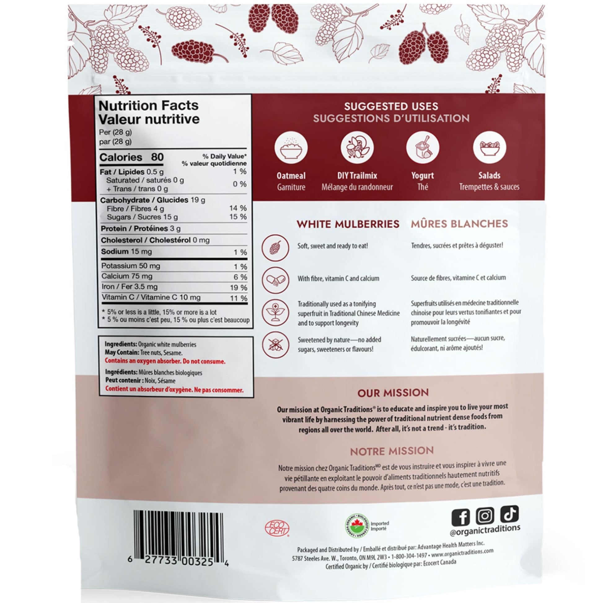 227g | Organic Traditions White Mulberries 8oz // Back Information