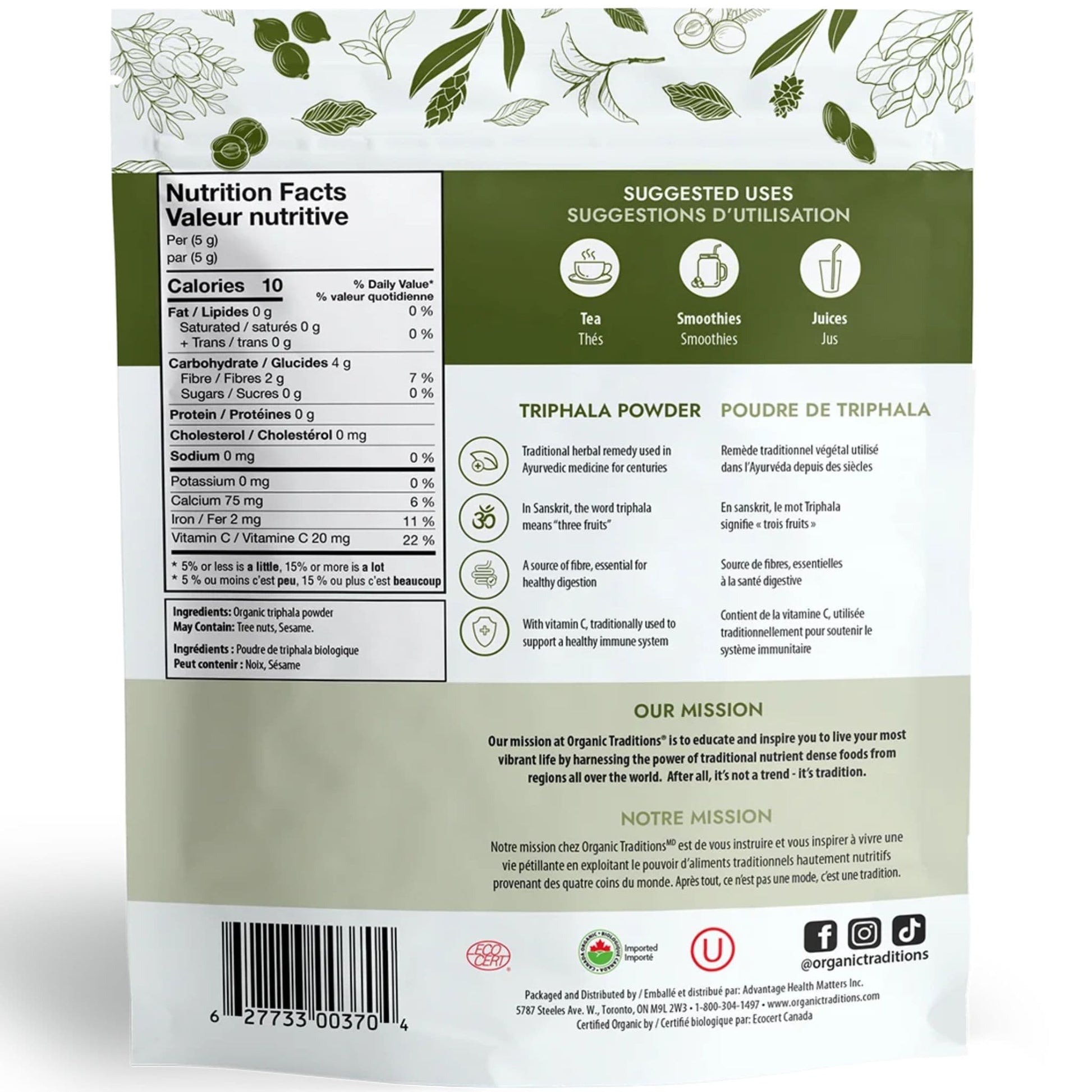 200g | Organic Traditions Triphala Powder 7oz // Nutrition Label