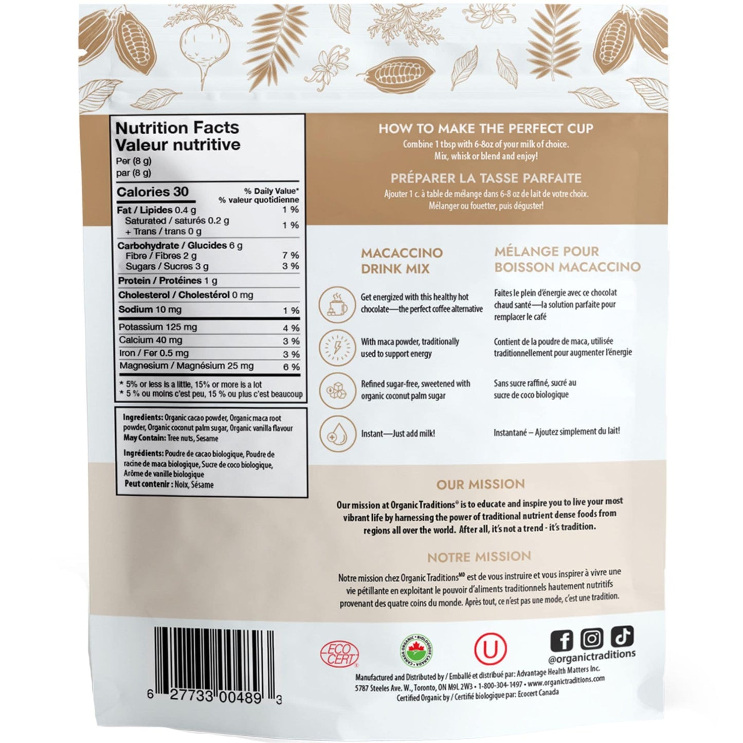 227g | Organic Traditions Macaccino Drink Mix 8oz // Back Information