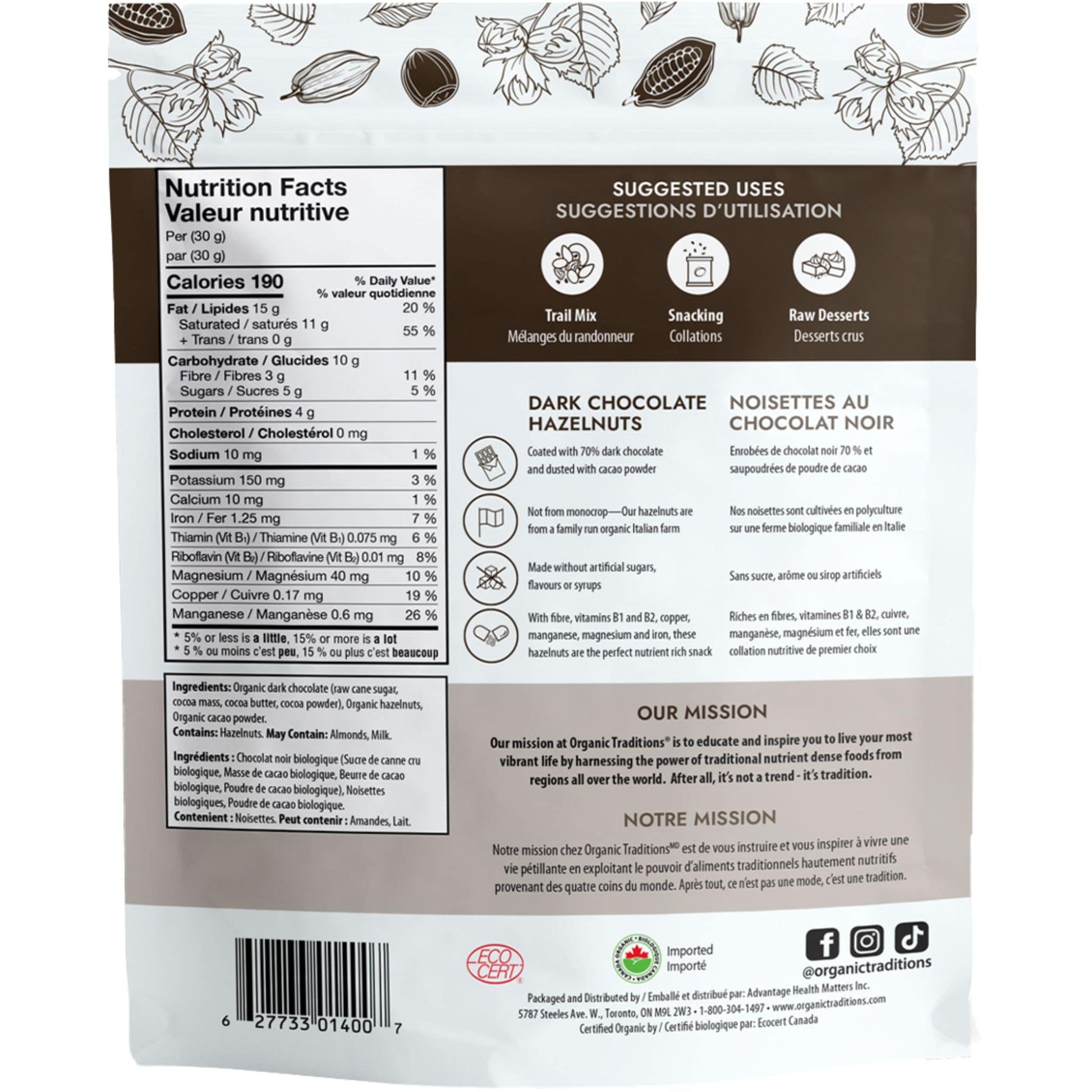 227g | Organic Traditions Dark Chocolate Hazelnuts 8oz // Back Information