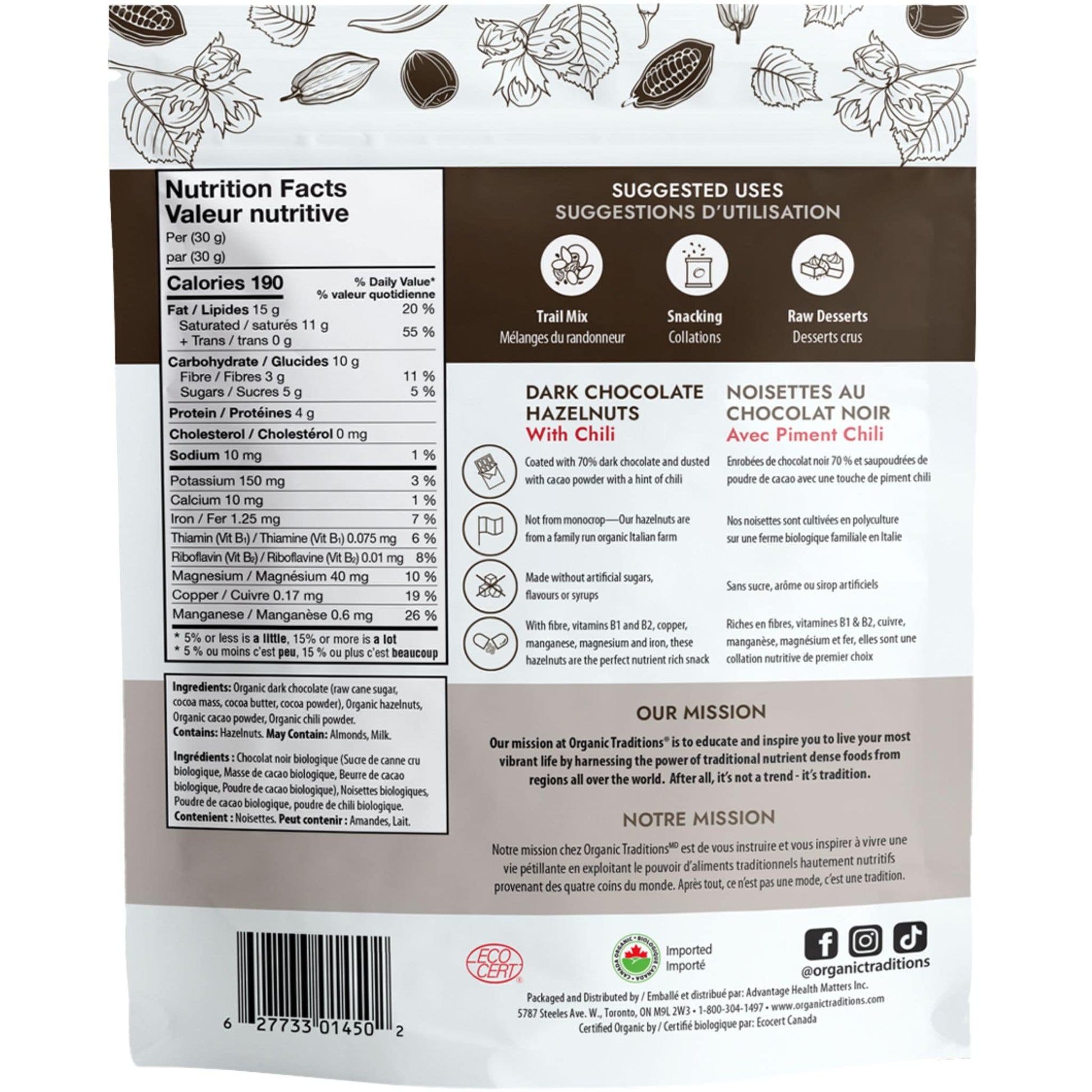 227g | Organic Traditions Dark Chocolate Hazelnuts With Chili 8oz // Back Information