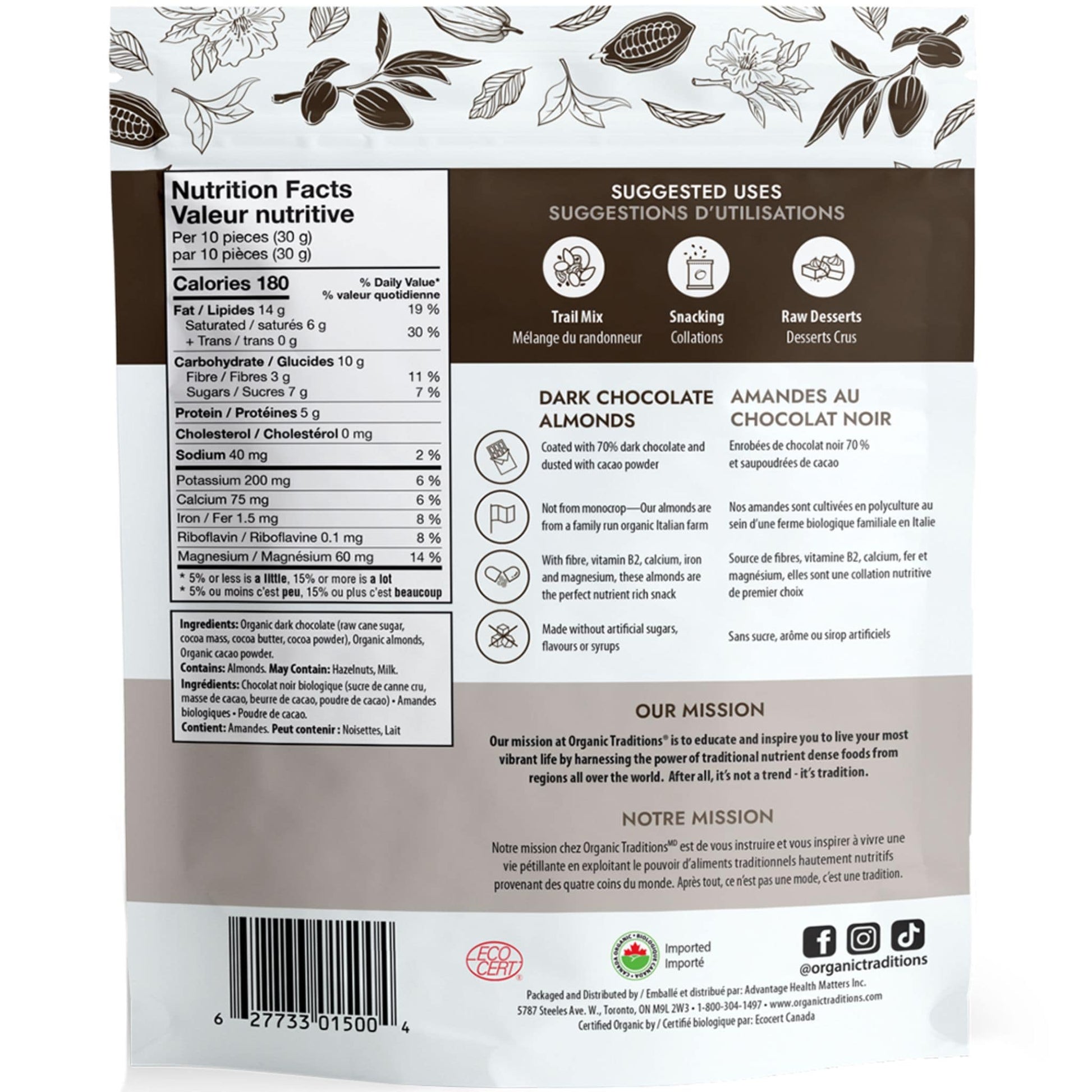 227g | Organic Traditions Dark Chocolate Covered Almonds 8oz // Nutrition Label