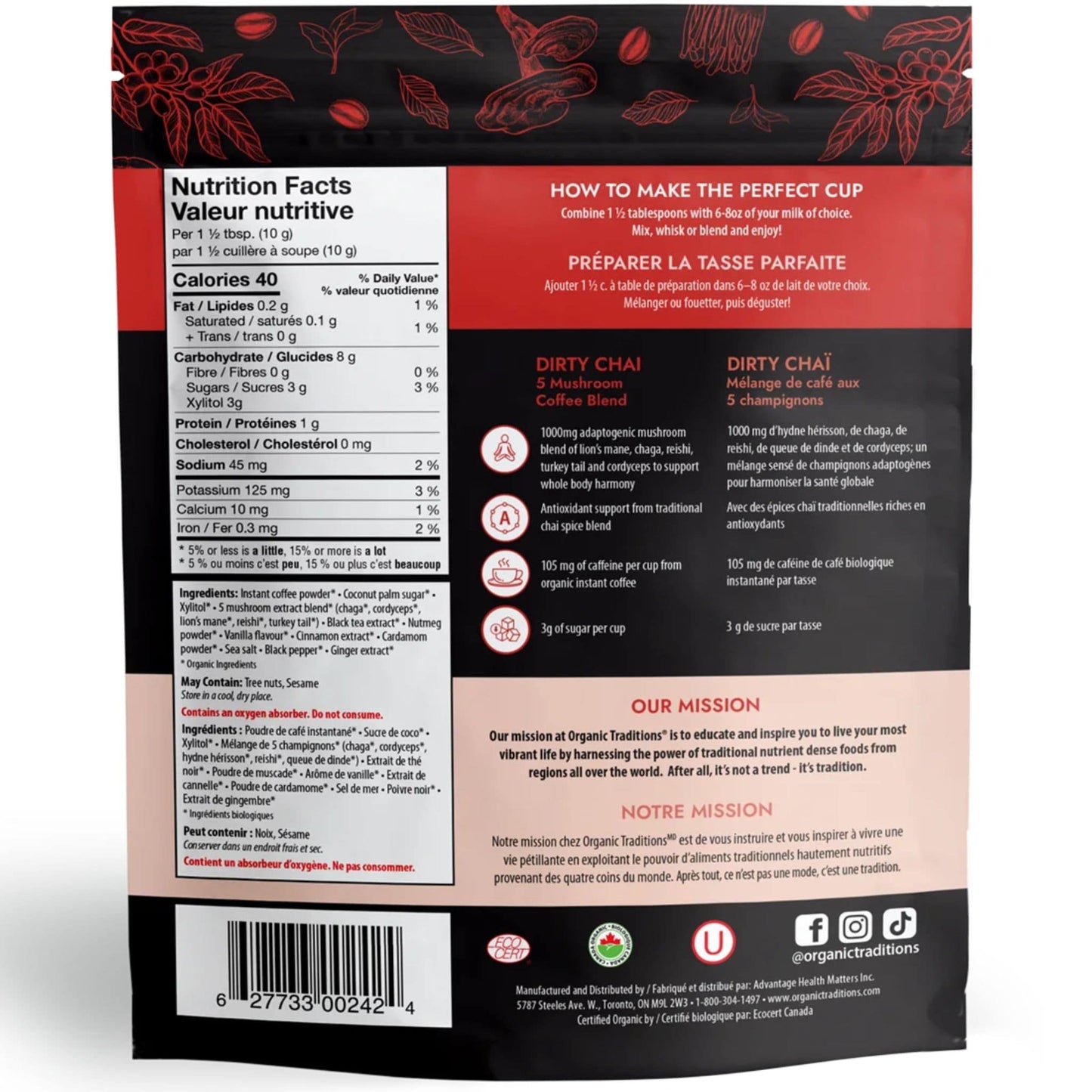 100g | Organic Traditions Dirty Chai 5 Mushroom Coffee Blend 3.5oz // Back Information