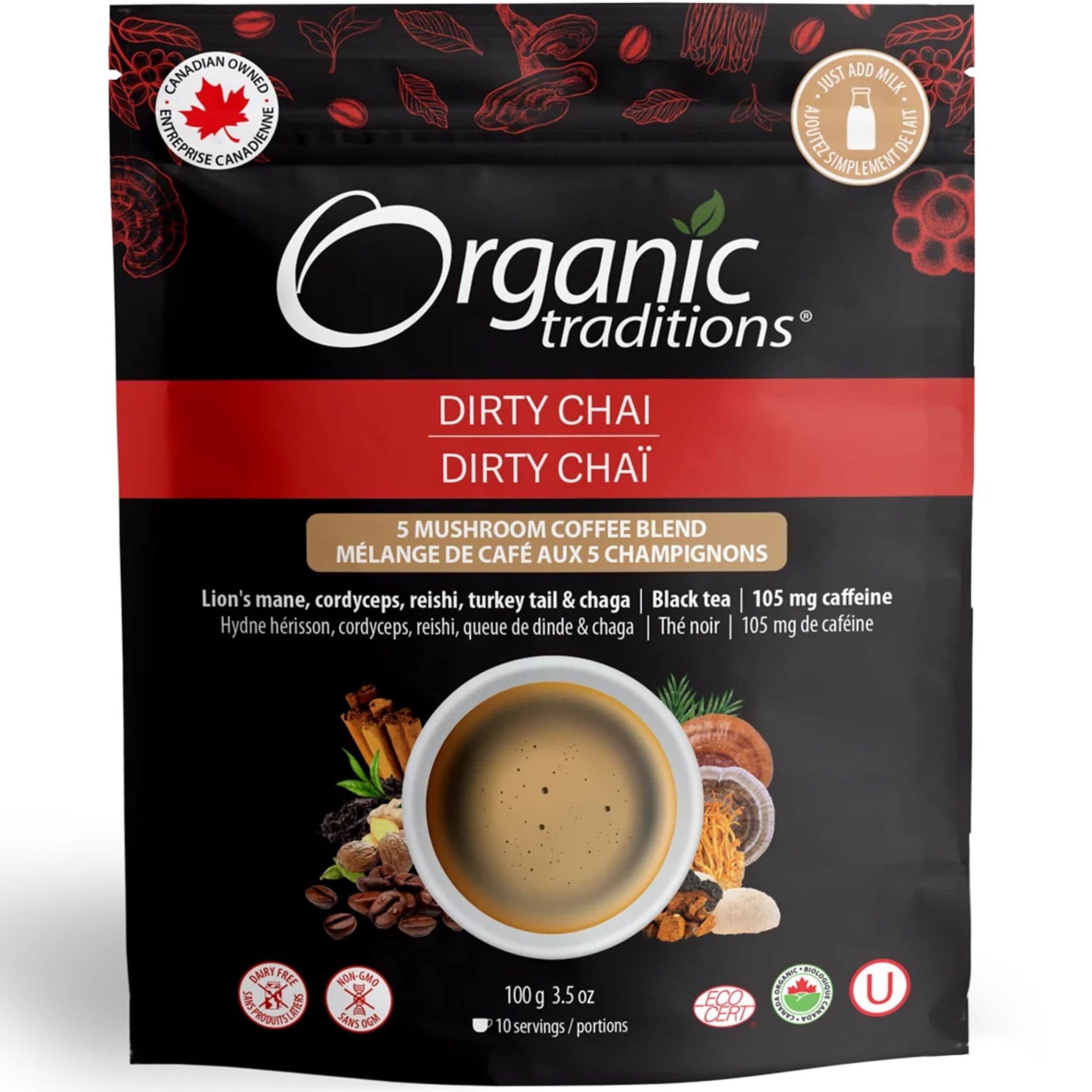 100g | Organic Traditions Dirty Chai 5 Mushroom Coffee Blend 3.5oz