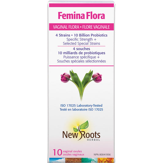 10 Vaginal Ovules | New Roots Herbal Femina Flora 4 Strains - 10 Billion Probiotics