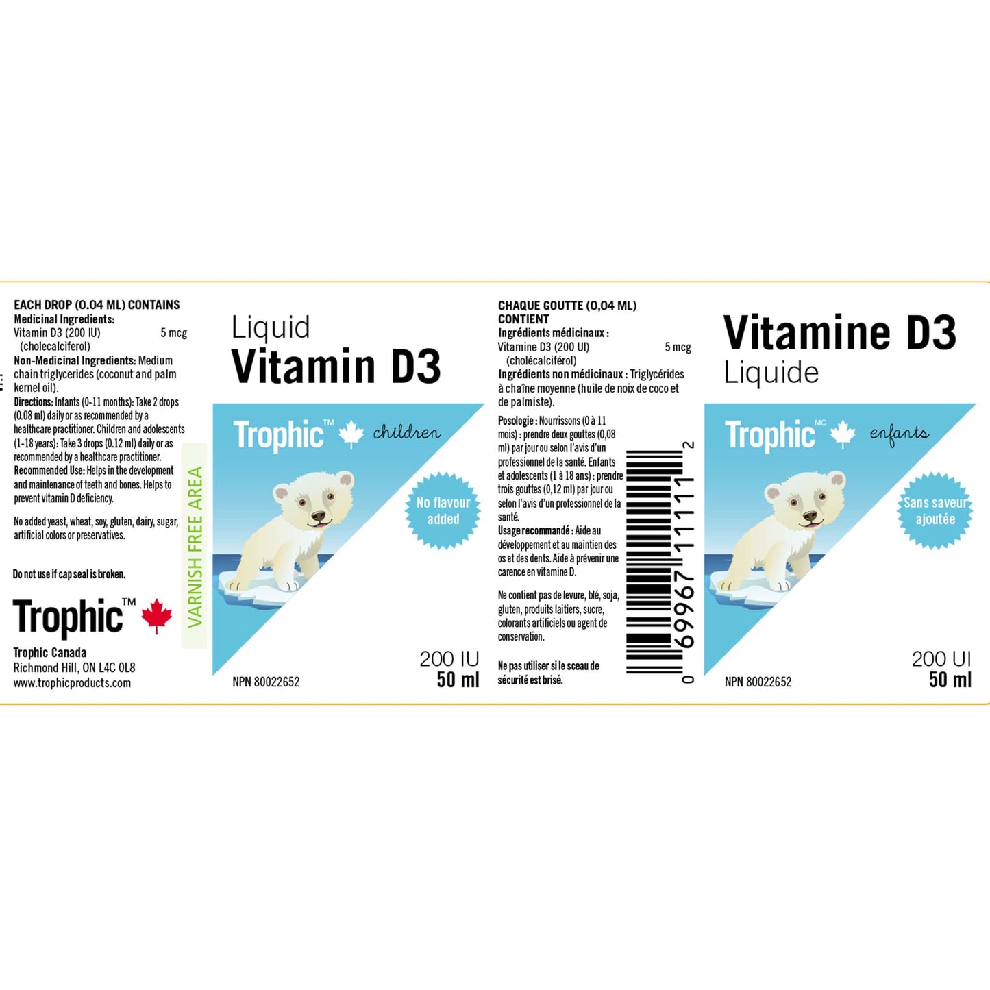 50 ml | Trophic Children's Liquid Vitamin D3 Nutrition Label