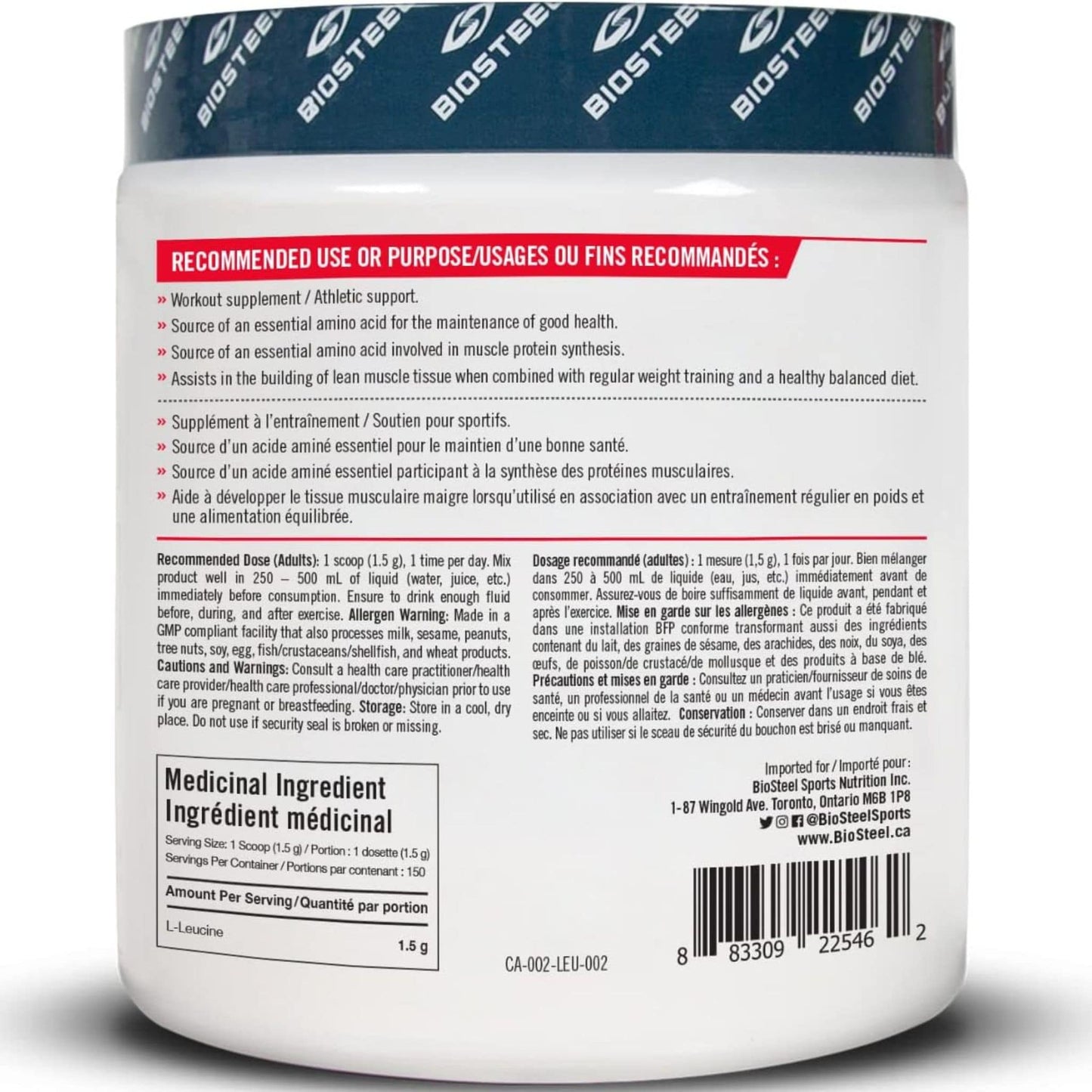 Unflavoured 225g | Biosteel Stackables Fermented Leucine Powder // Back Info