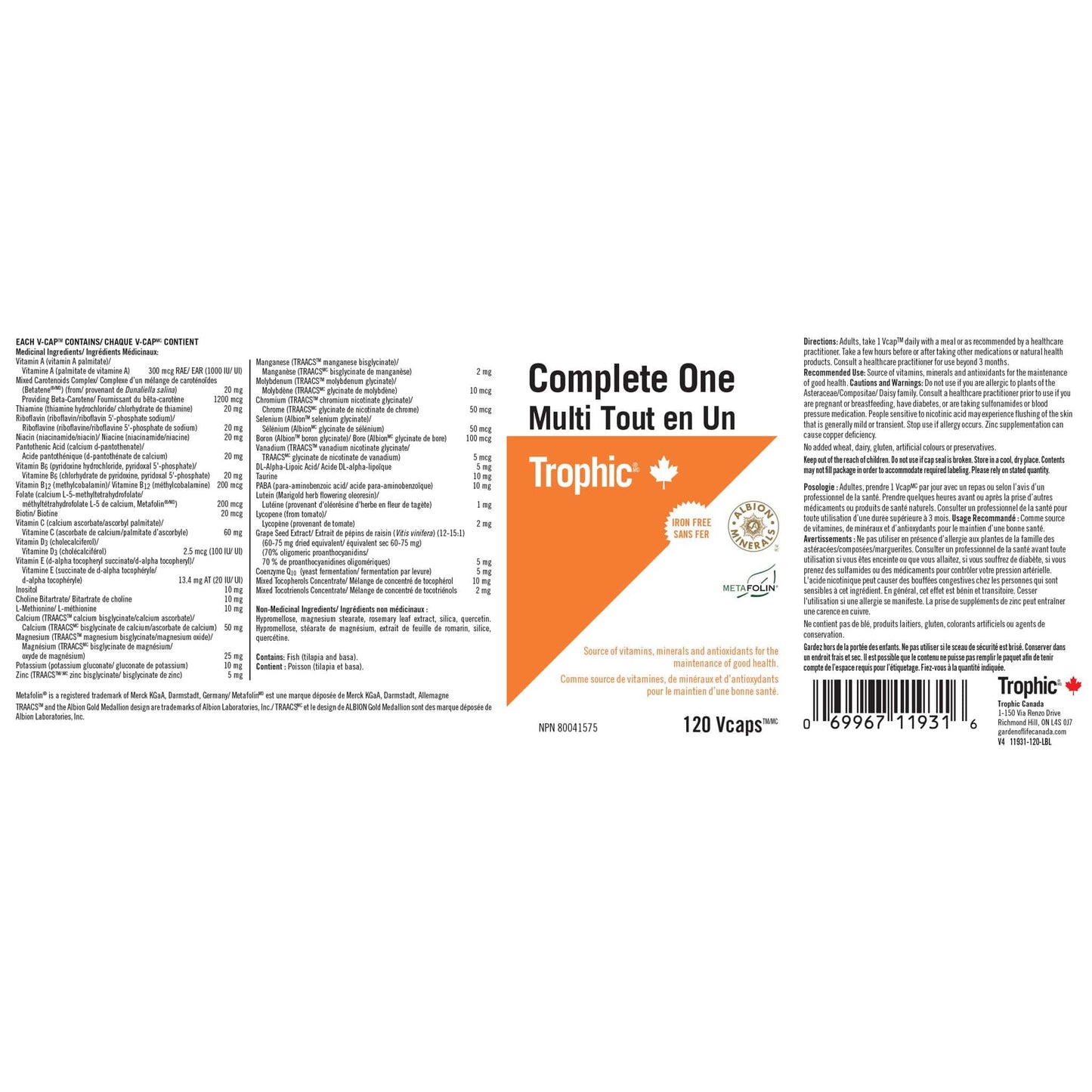 120 Capsules | Trophic Complete One Nutrition Label