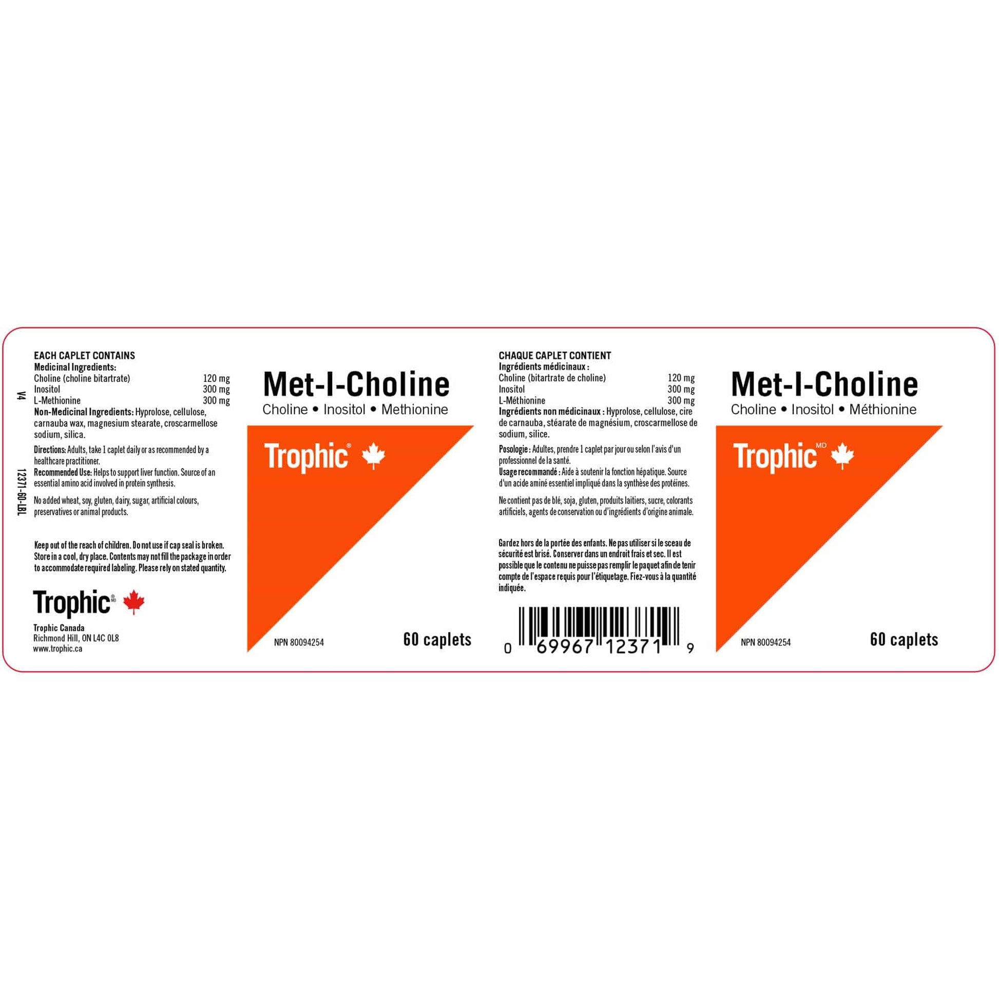 60 Caplets | Trophic Met-I-Choline (Choline-Inositol-Methionine) Nutrition Label