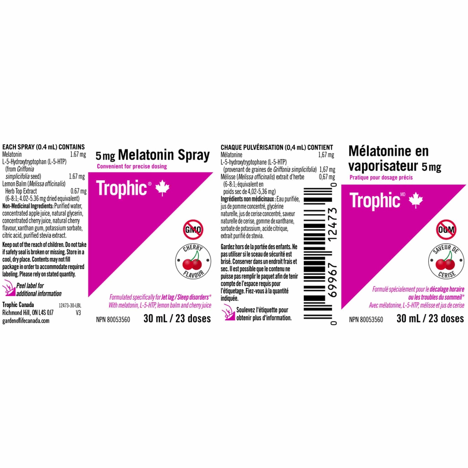 30 mL | 5mg Melatonin Spray 23 Doses Nutrition Label