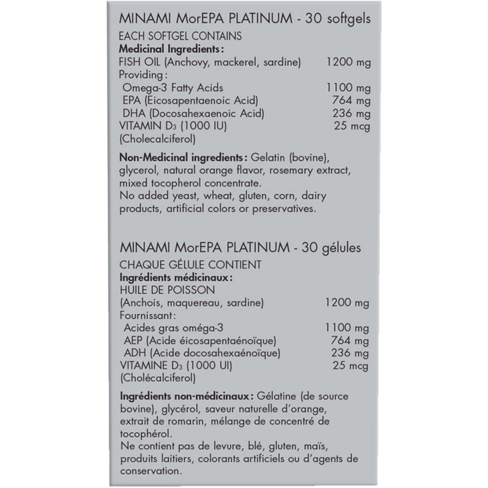 Natural Orange 30 Softgels | Minami Nutrition MorEPA Platinum // Natural Orange flavour  Nutrition Label