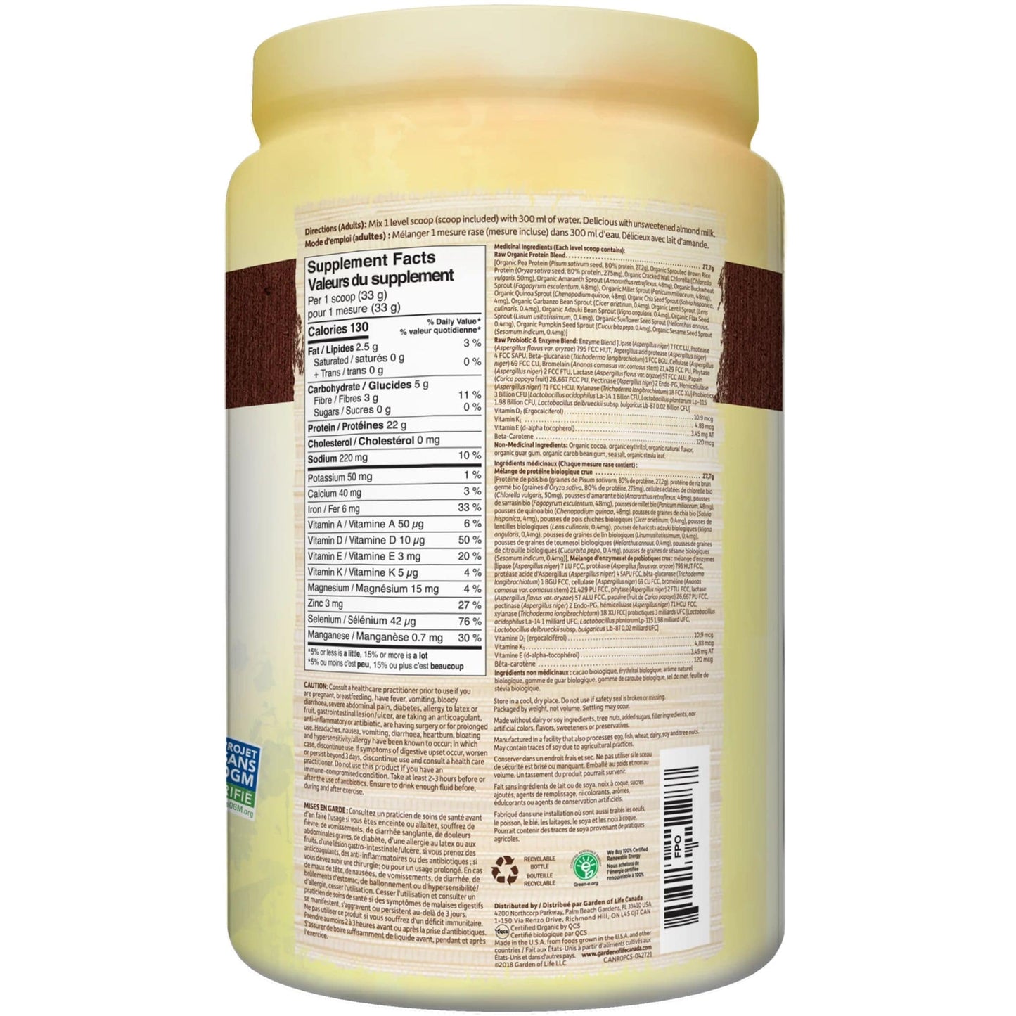 Chocolate Flavour, 660g | Garden of Life Raw Organic Protein Powder