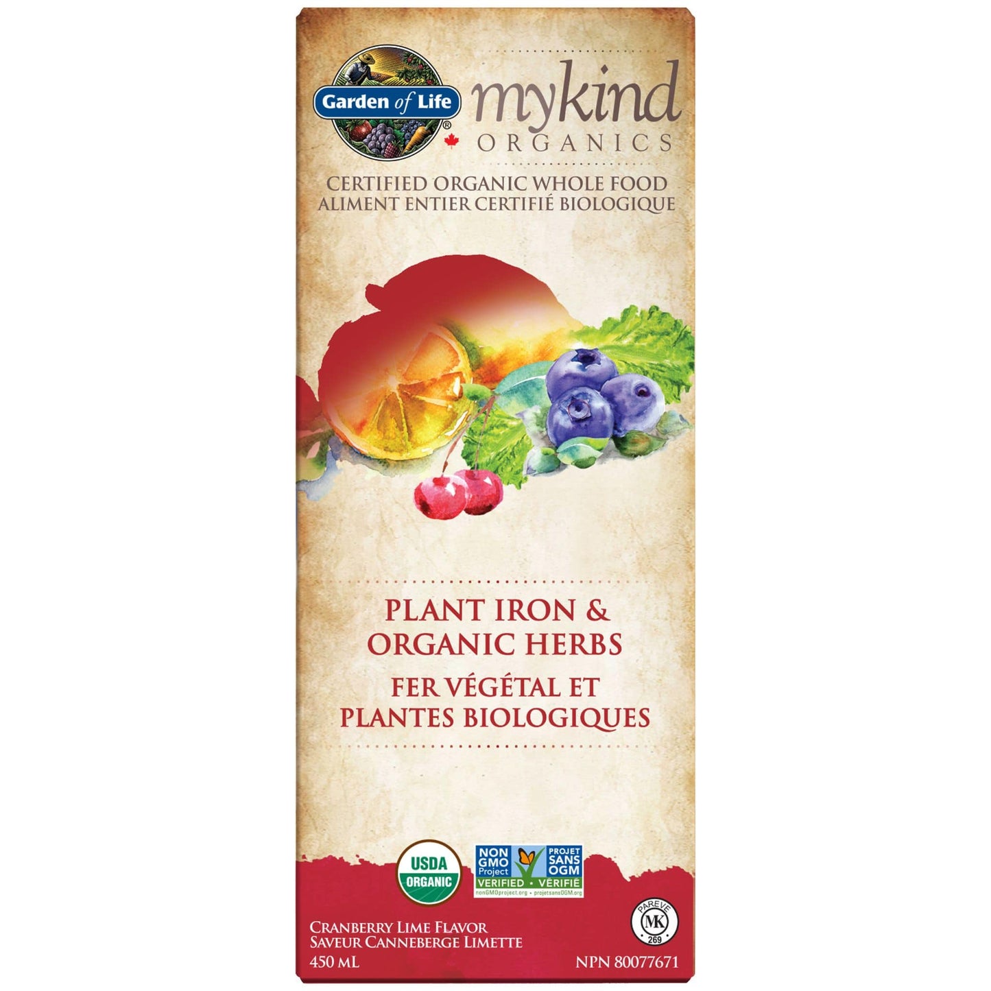 Cranberry Lime 450 mL | Garden of Life My Kind Organics Plant Iron and Organic Herbs 450mL // Cranberry Lime flavour