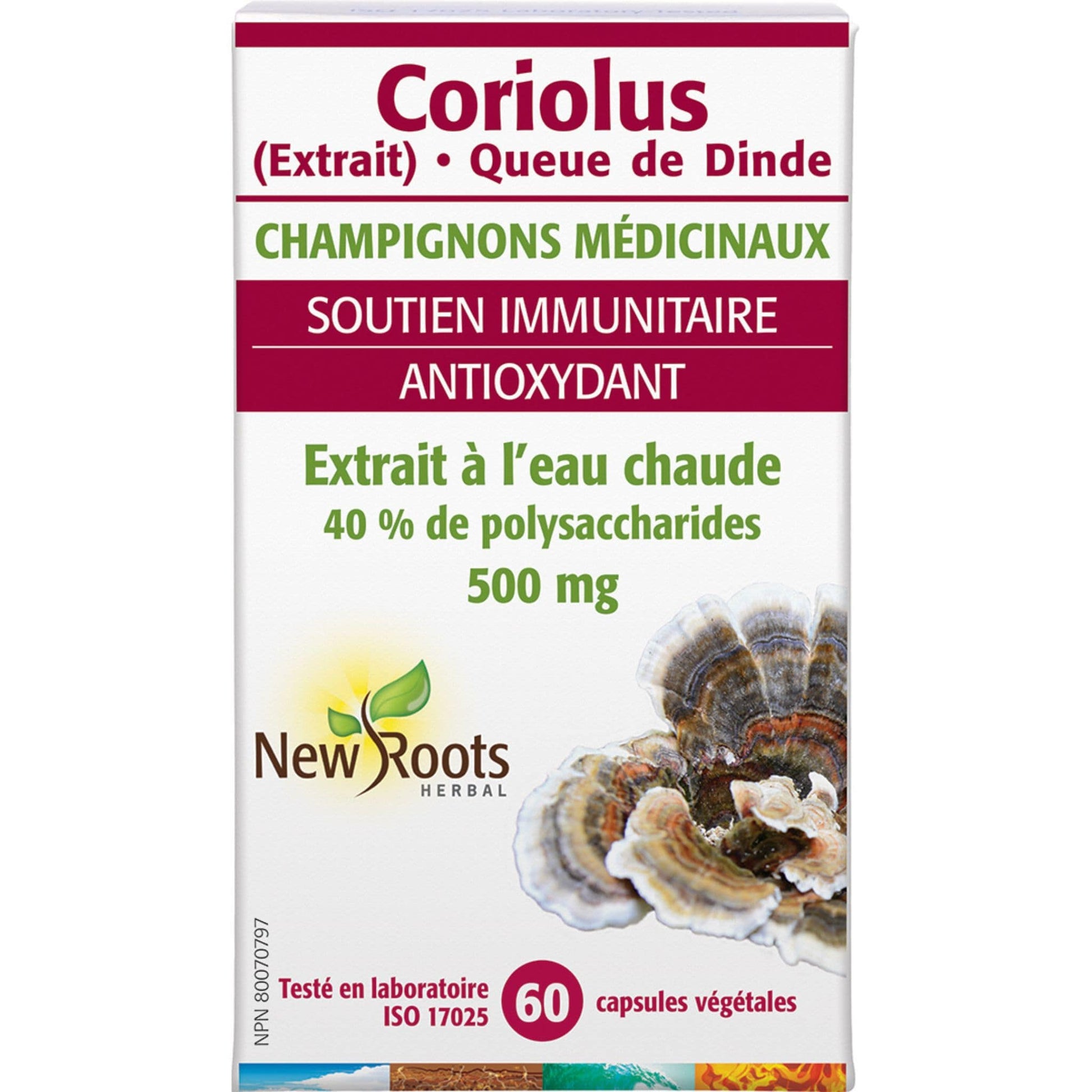 60 Vegetable Capsules | New Roots Herbal Coriolus Extract Turkey Tail 500mg French Bottle