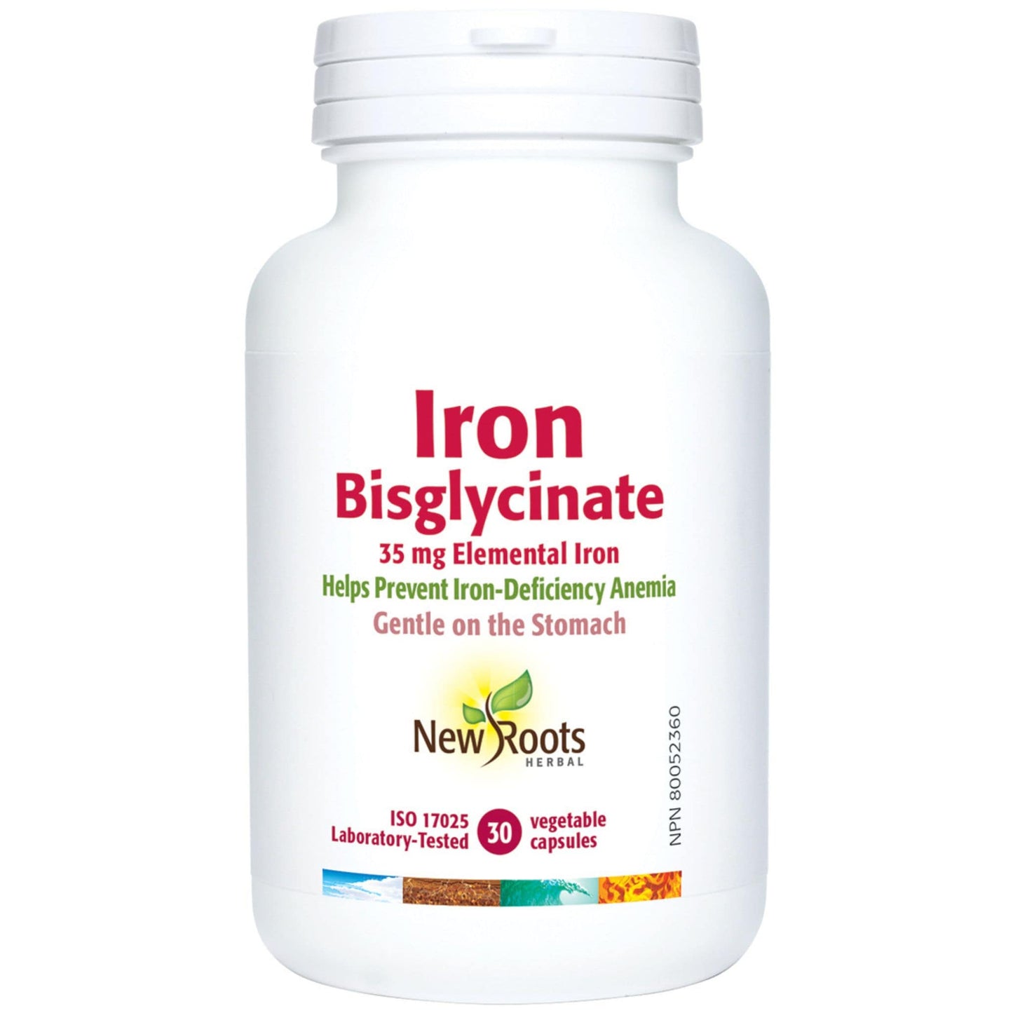 New Roots Iron Bisglycinate 35mg Elemental Iron, Helps Prevent Iron-Deficiency Anemia, 30 Vegetable Capsules