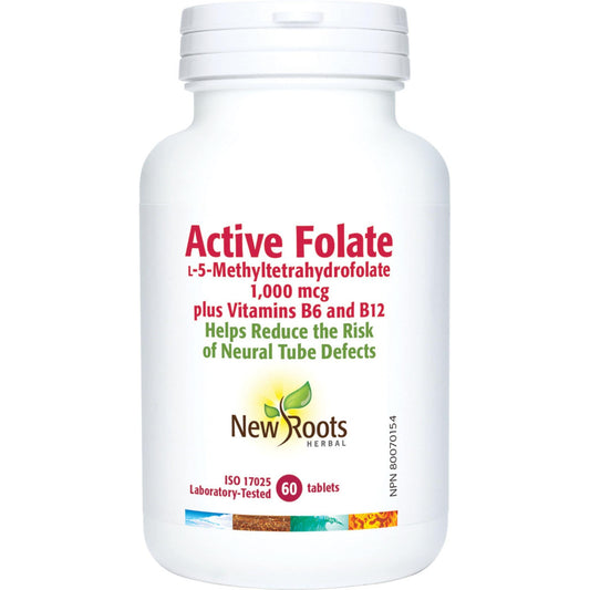 60 Tablets | New Roots Herbal Active Folate L-5-Methyltetrahydrofolate 1,000mcg Plus Vitamins B6 and B12