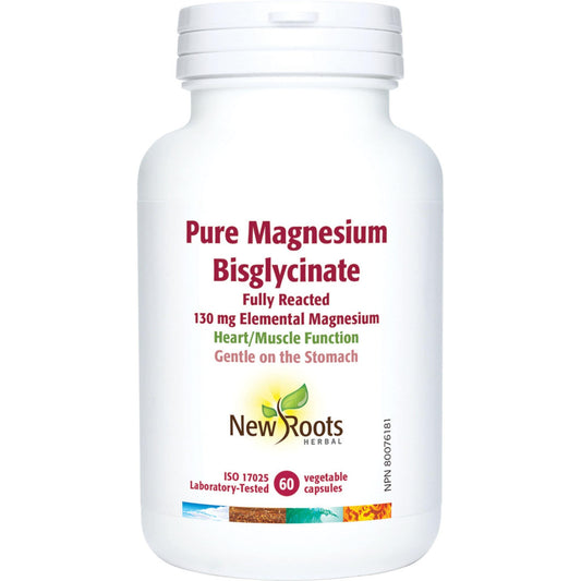 60 Vegetable Capsules | New Roots Herbal Pure Magnesium Bisglycinate 130mg