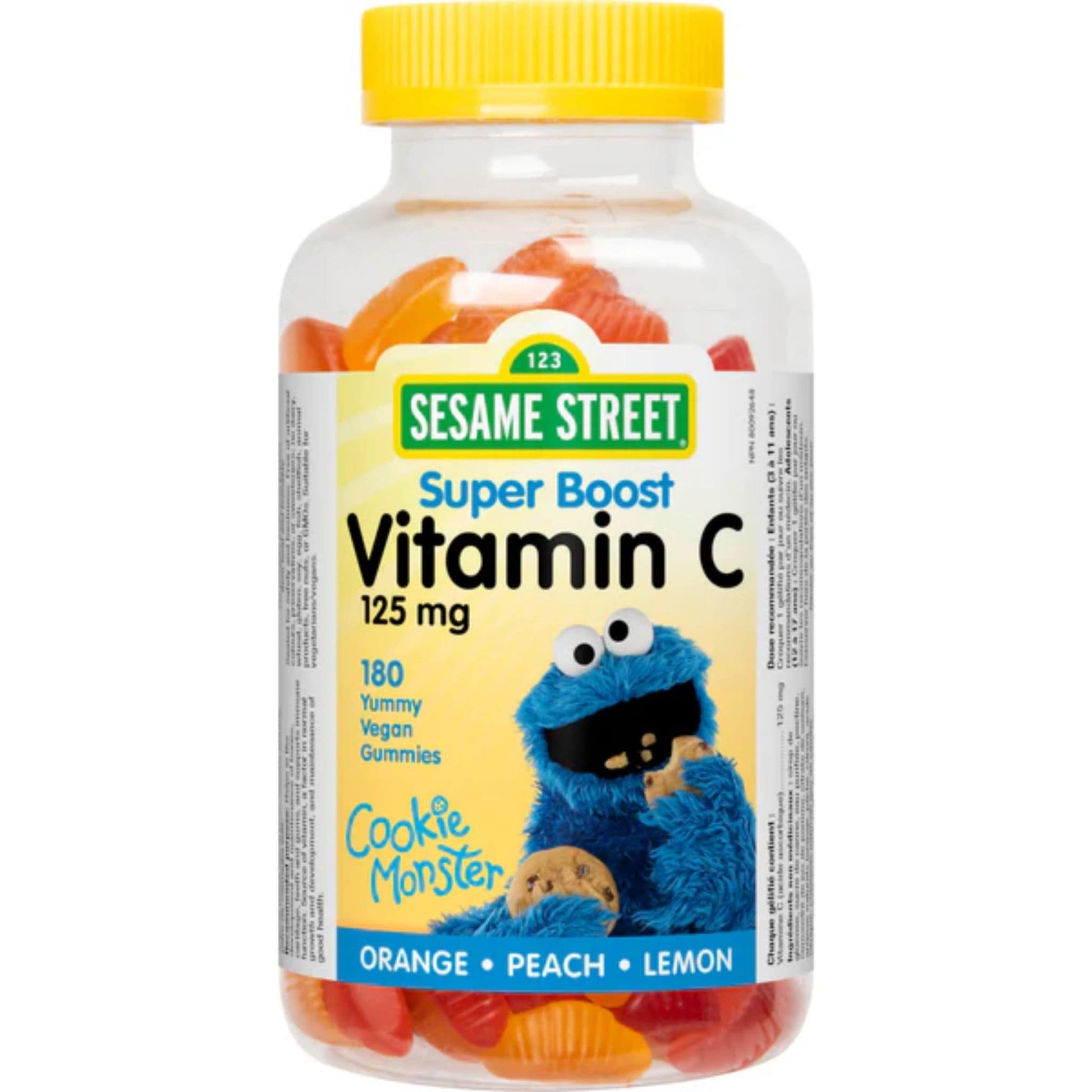 Orange, Peach, Lemon 180 Vegan Gummies | Webber Naturals Sesame Street Super Boost Vitamin C 125mg // orange, pach, lemon flavour