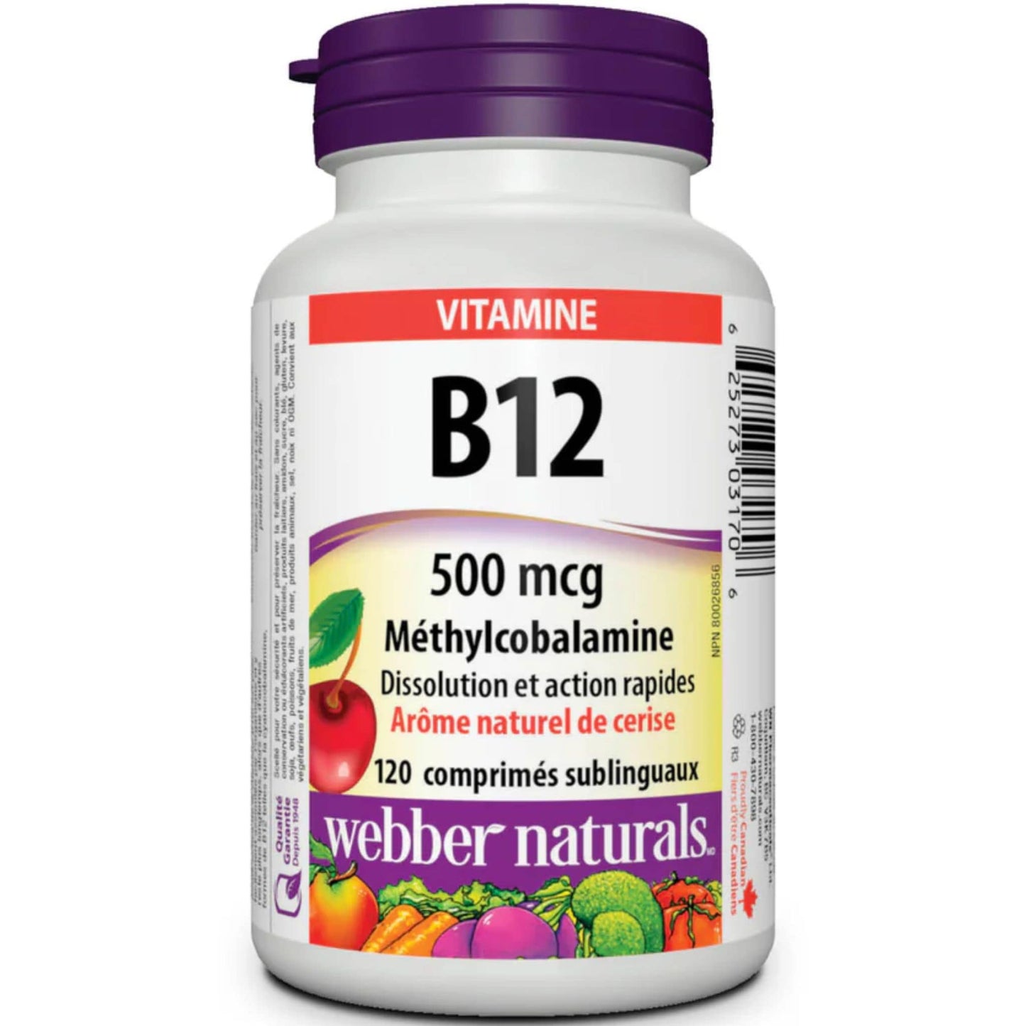 Natural Cherry 120 Sublingual Tablets | Webber Naturals Vitamin B12 500mcg Methylcobalamin // French Bottle