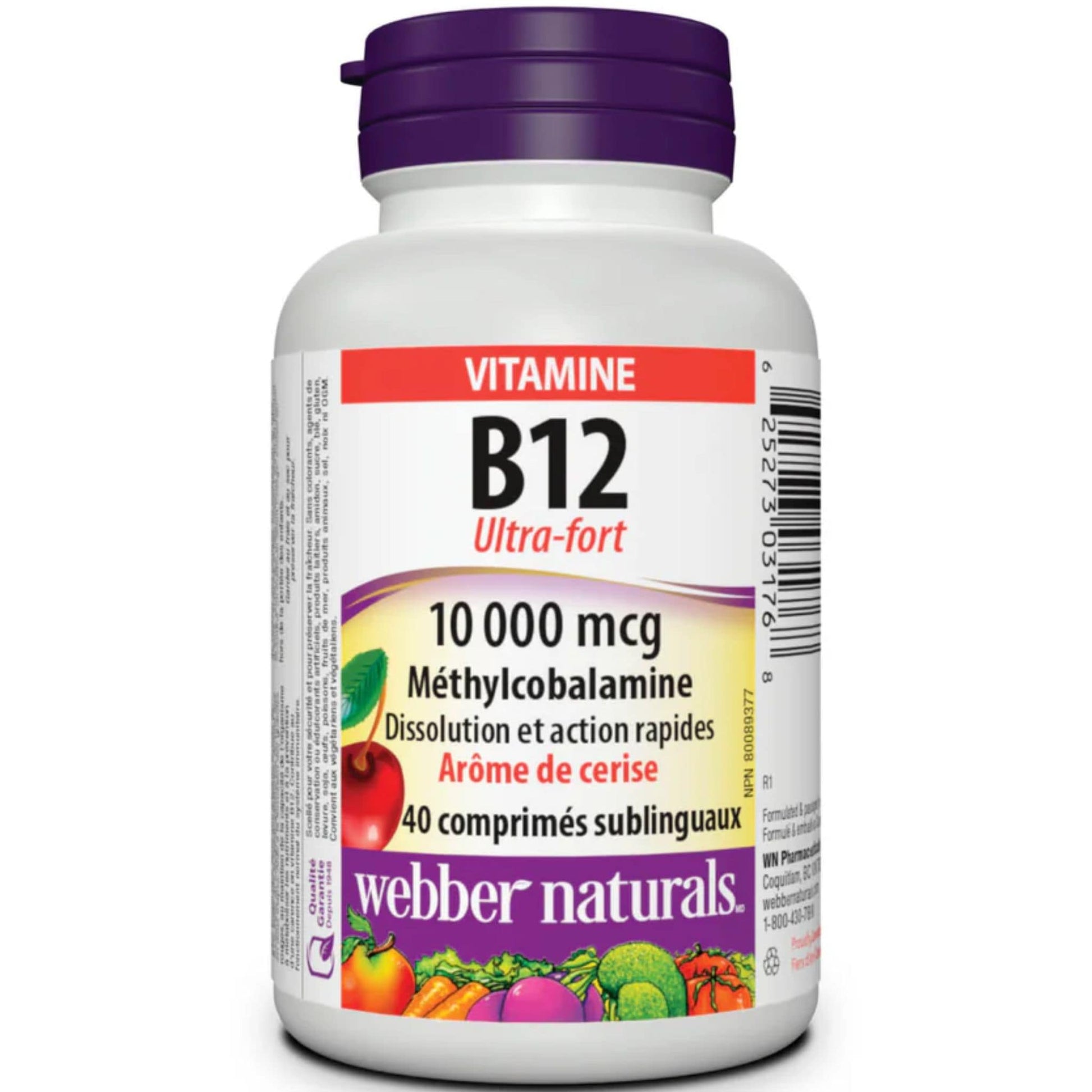 Cherry Flavour 40 Sublingual Tablets | Webber Naturals Vitamin b12 Ultra Strength 10,000mcg Methylcobalamin // French Bottle