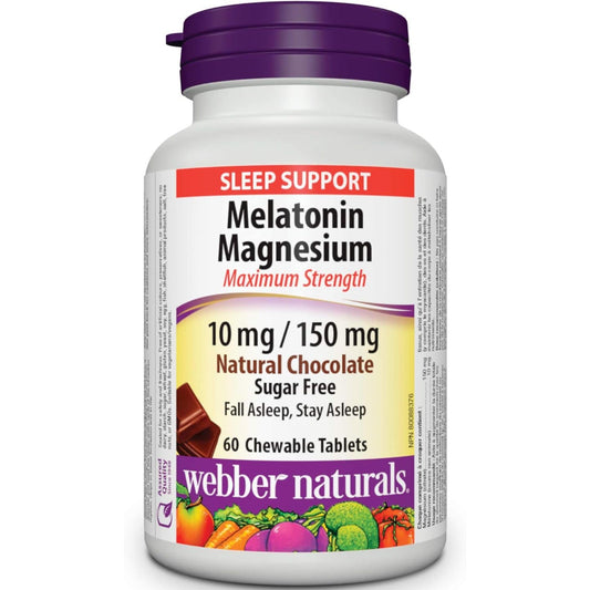 Natural Chocolate 60 Chewable Tablets | Webber Naturals Melatonin Magnesium 10mg/150mg Maximum Strength Sugar Free // natural chocolate flavour