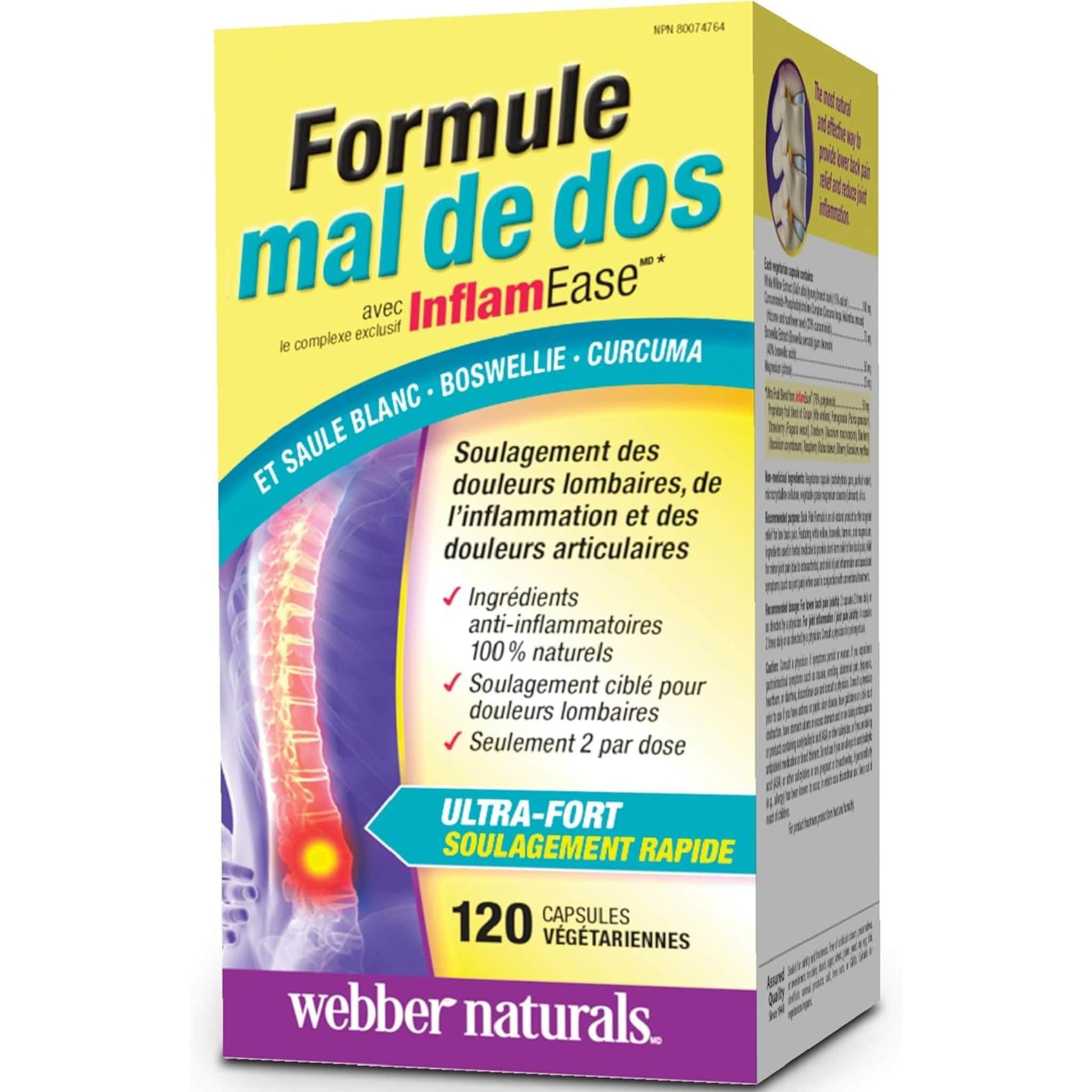 120 Vegetarian Capsules | Webber Naturals Back Pain Formula with InflamEase // French Bottle