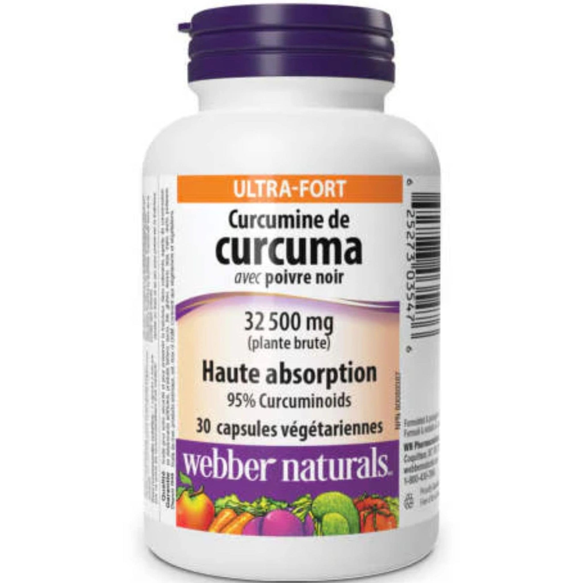 30 Vegetarian Capsules | Webber Naturals Turmeric Curcumin with Black Pepper 32,500mg Raw Herb // French Bottle