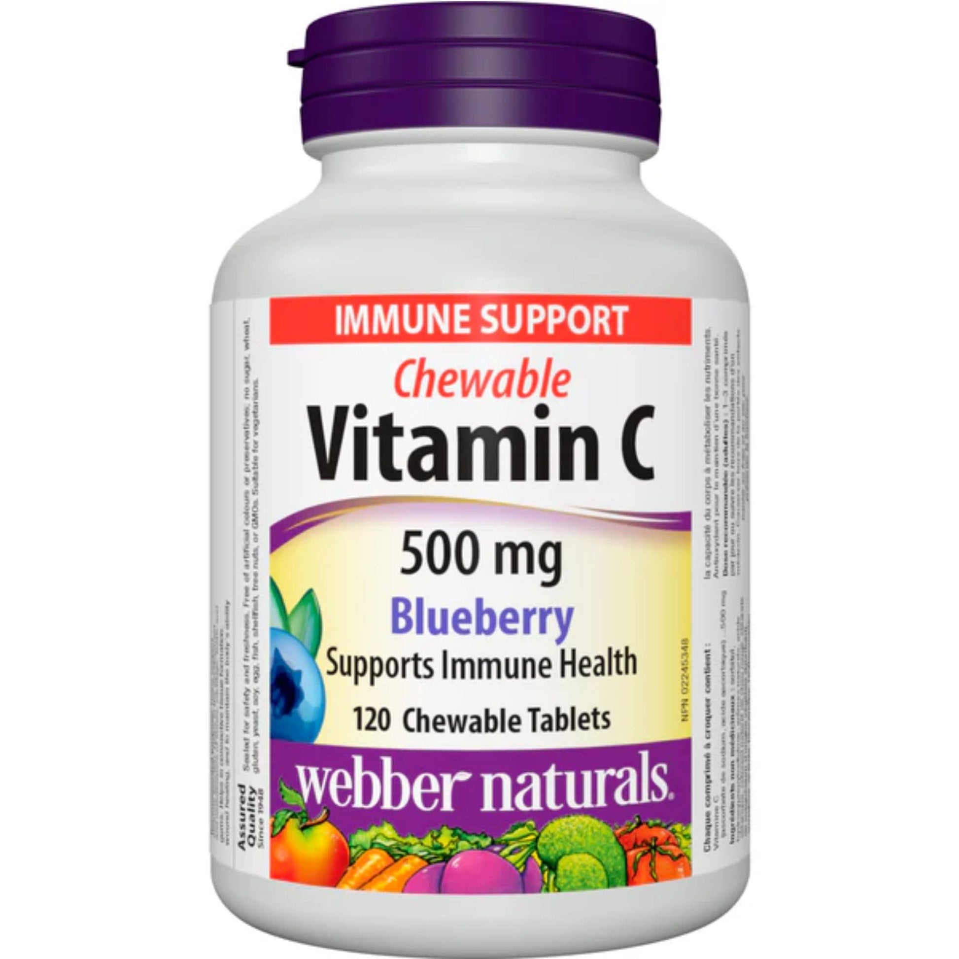 120 Chewable Tablets | Webber Naturals Vitamin C 500mg Chewable // blueberry flavour