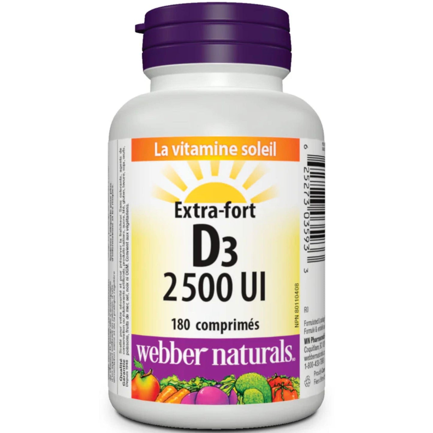 180 Tablets | Webber Naturals Vitamin D3 2500IU Extra Strength  // French Bottle