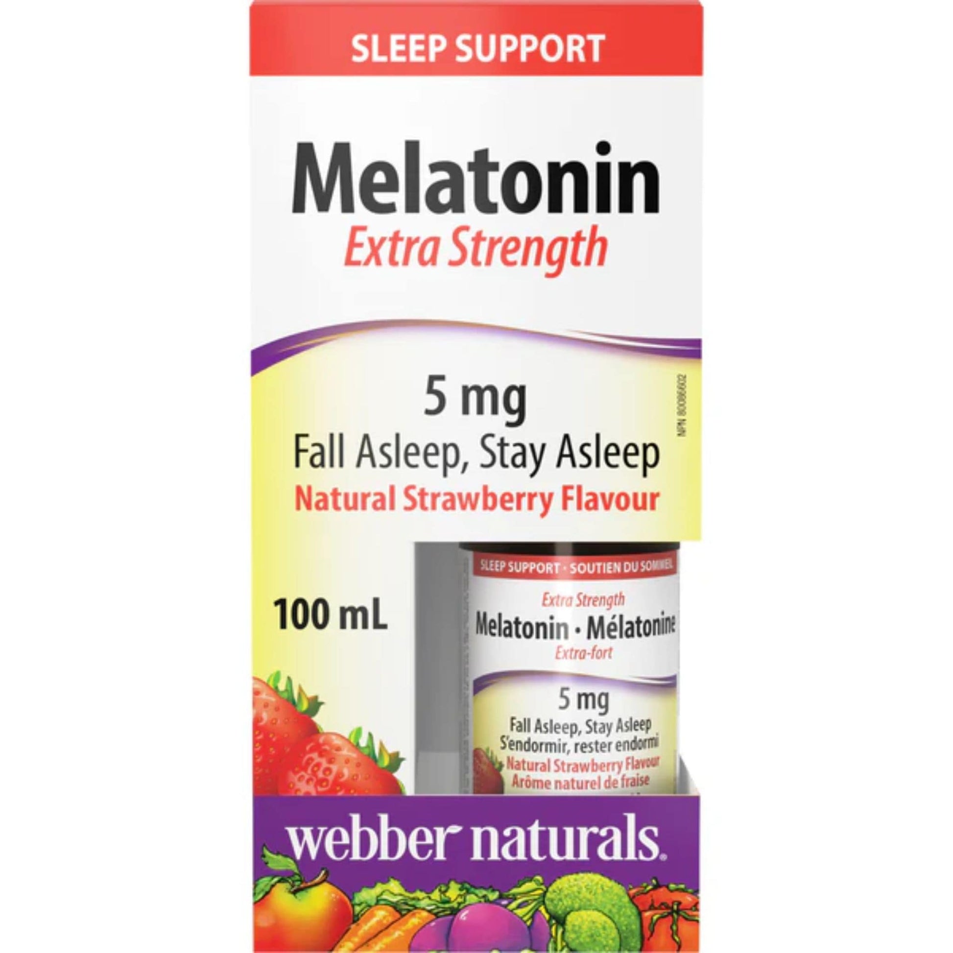 Natural Strawberry 100ml | Webber Naturals Melatonin 5mg Extra Strength // Packaging