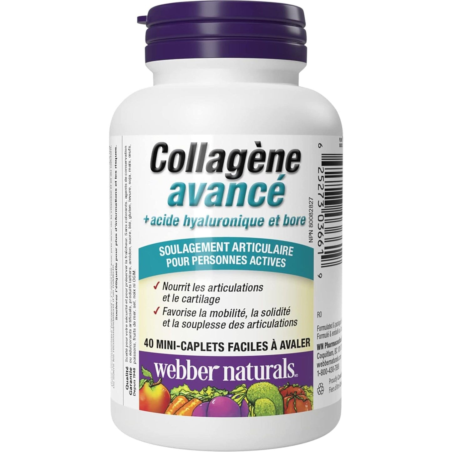 40 Easy Swallow Mini Caplets | Webber Naturals Advanced Collagen + Hyaluronic Acid and Boron // French Bottle