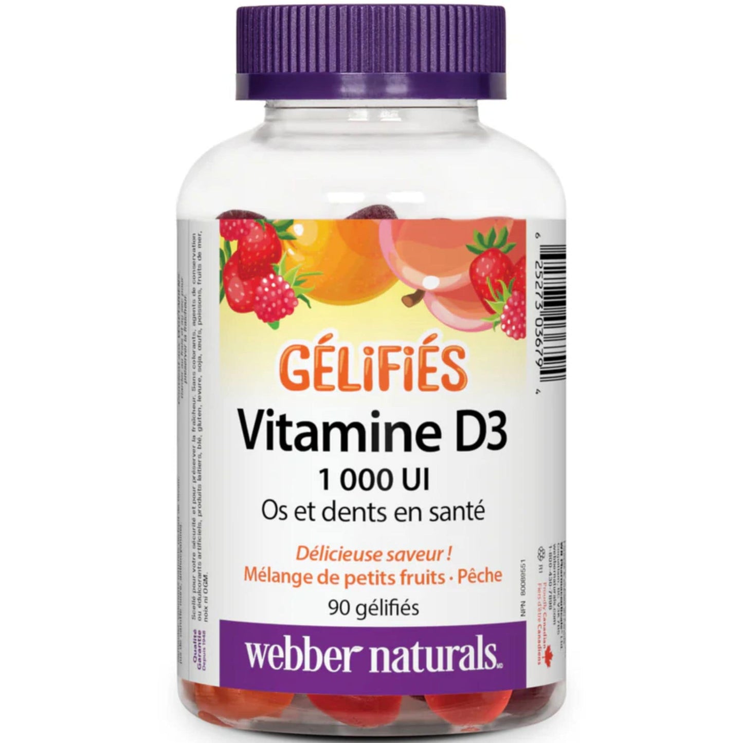 Mixed Berry Peach 90 Gummies | Webber Naturals Vitamin D3 1000 IU Gummies // mixed berry peach flavour // French Bottle