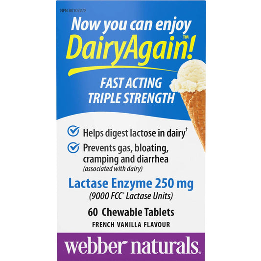 60 Chewable Tablets | Webber Naturals Dairy Again Lactase Enzyme