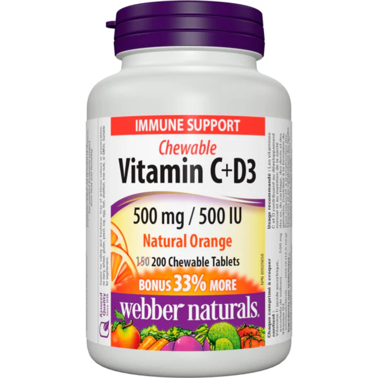 Natural Orange 200 Chewable Tablets | Webber Naturals Chewable Vitamin C+D3 500mg/500IU // natural orange flavour 