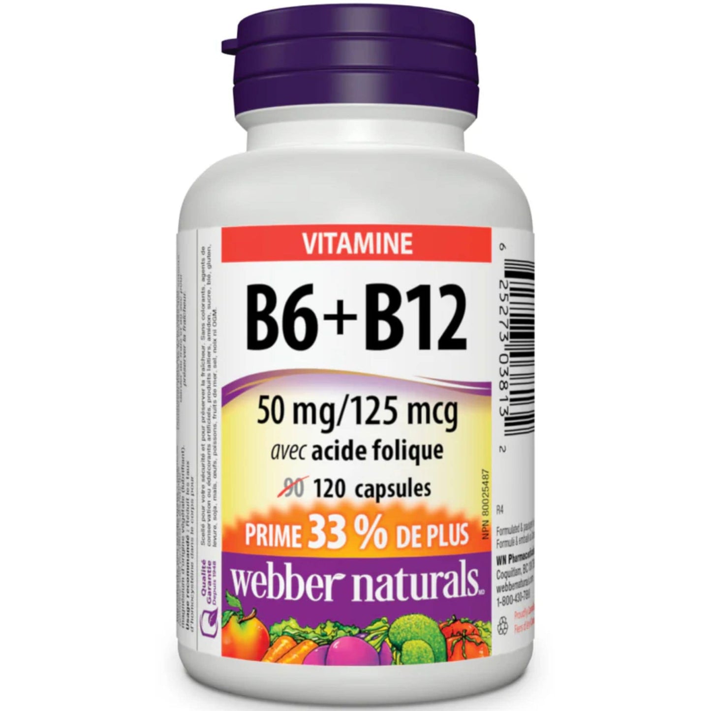 120 Capsules | Webber Naturals B6 + B12 50mg/125mcg with Folic Acid // french bottle