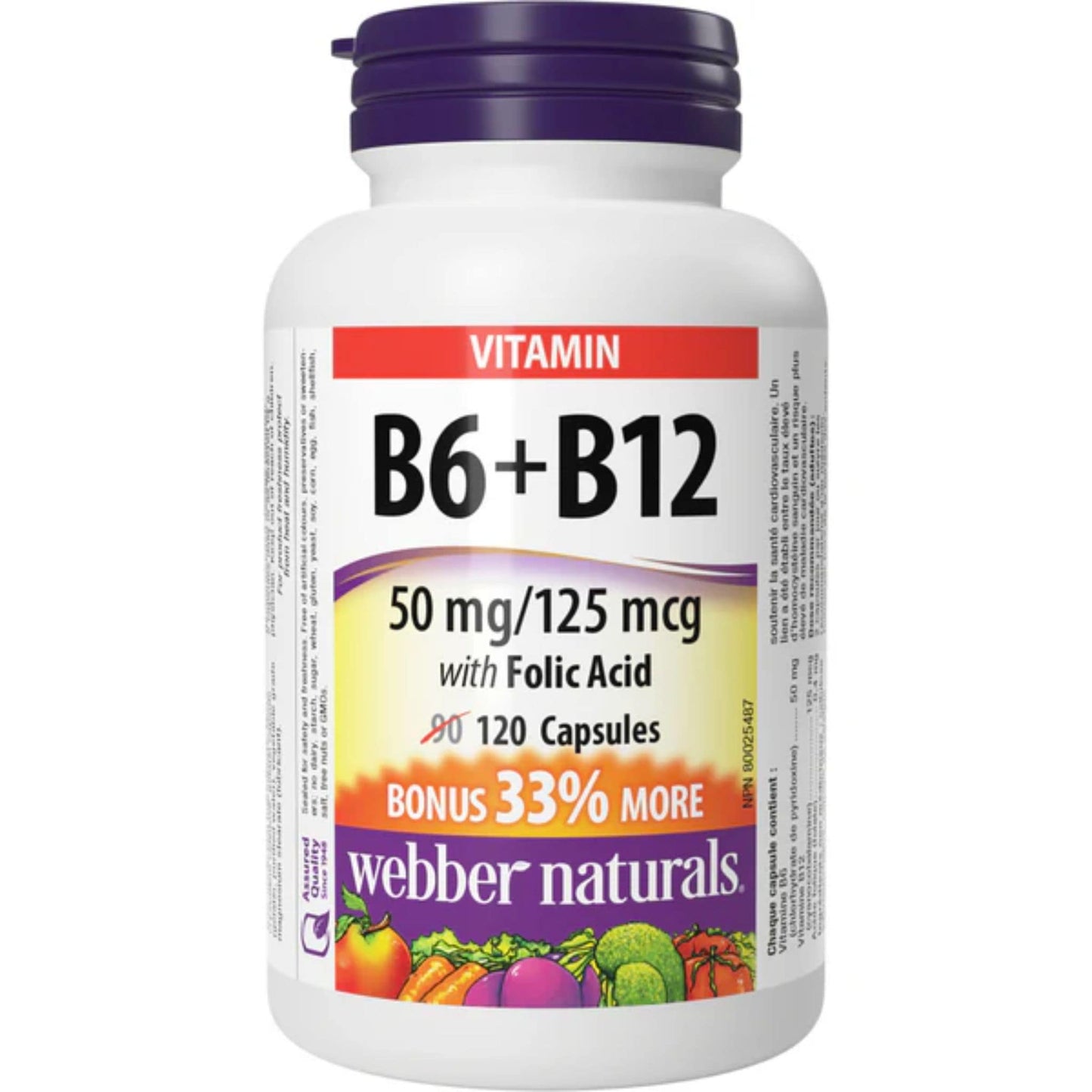 120 Capsules | Webber Naturals B6 + B12 50mg/125mcg with Folic Acid