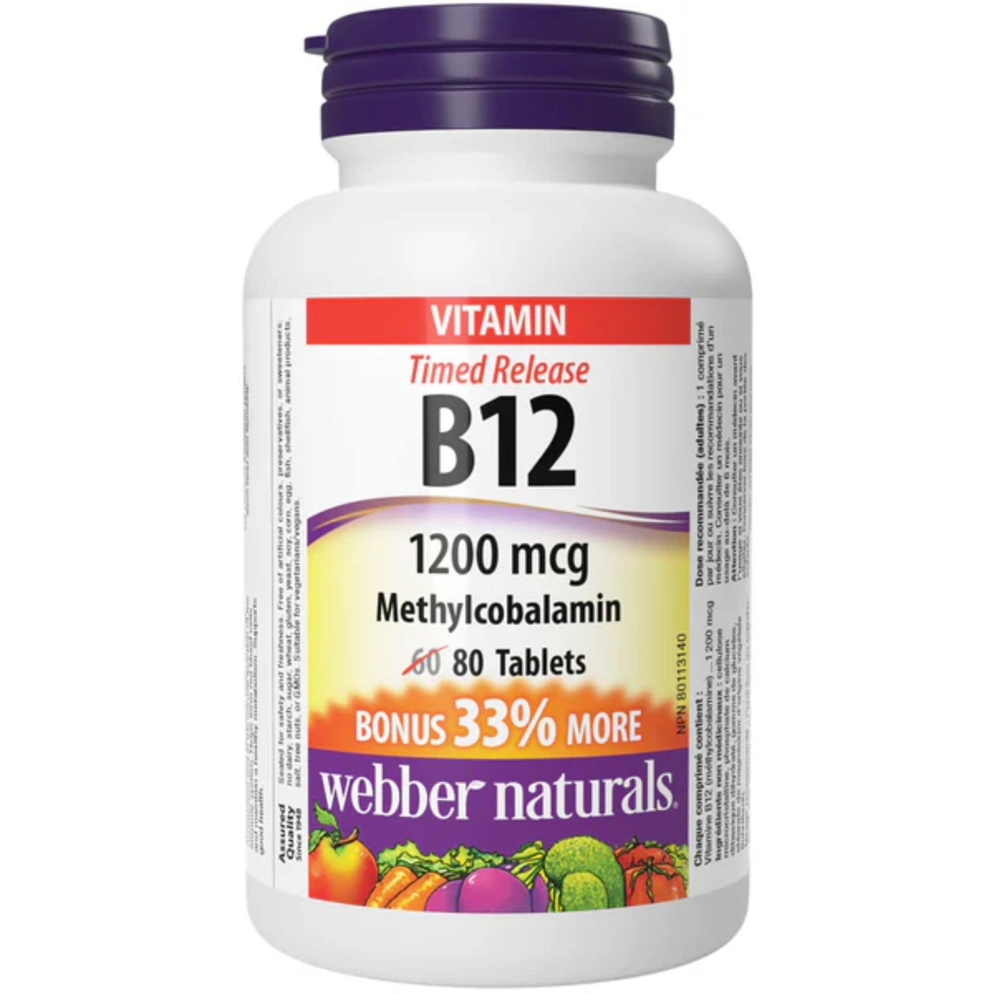 80 Tablets | Webber Naturals Vitamin B12 Timed Release 1200mcg Methycobalamin