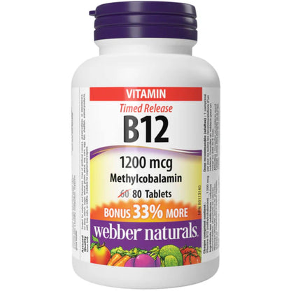 80 Tablets | Webber Naturals Timed Release Vitamin B12 1200mcg Methylcobalamin