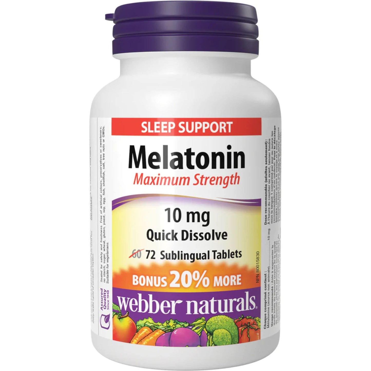 72 Sublingual Tablets | Webber Naturals Melatonin 10mg Maximum Strength Quick Dissolve